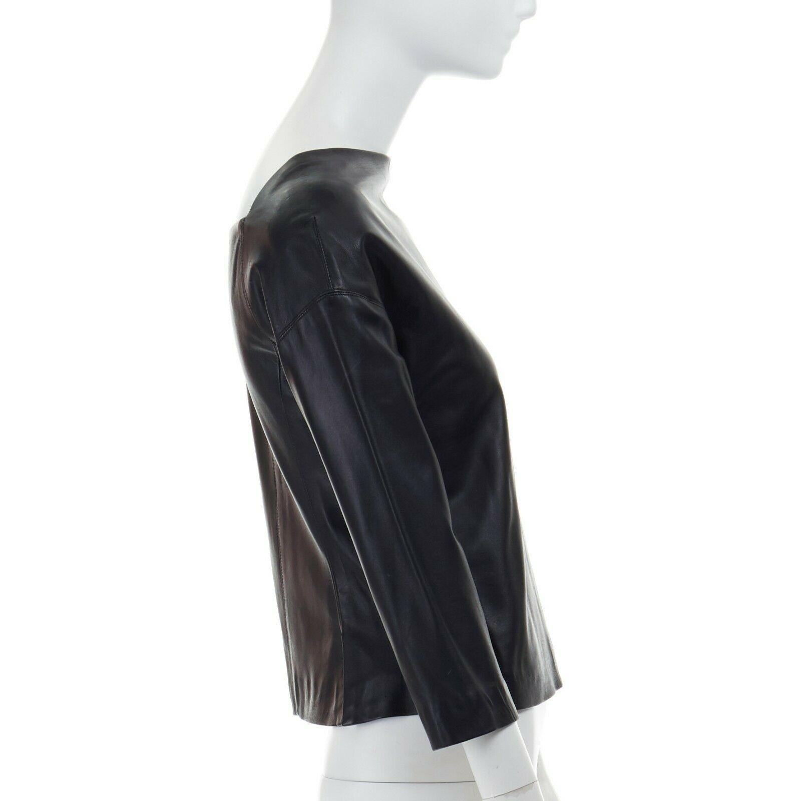 Women's DONNA KARAN 100% lambskin leather wide angular neckline 3/4 sleeves top US4 S