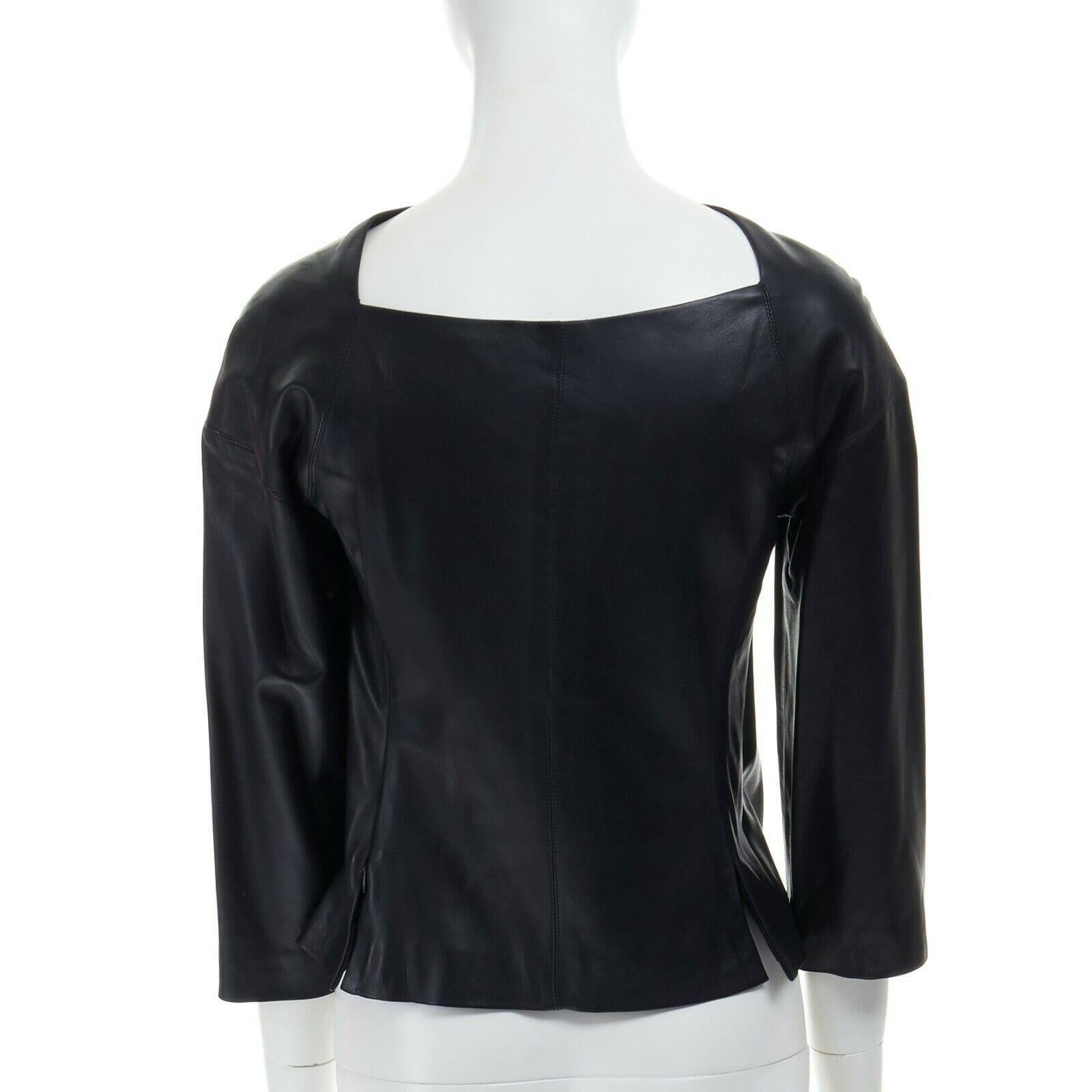 DONNA KARAN 100% lambskin leather wide angular neckline 3/4 sleeves top US4 S 1