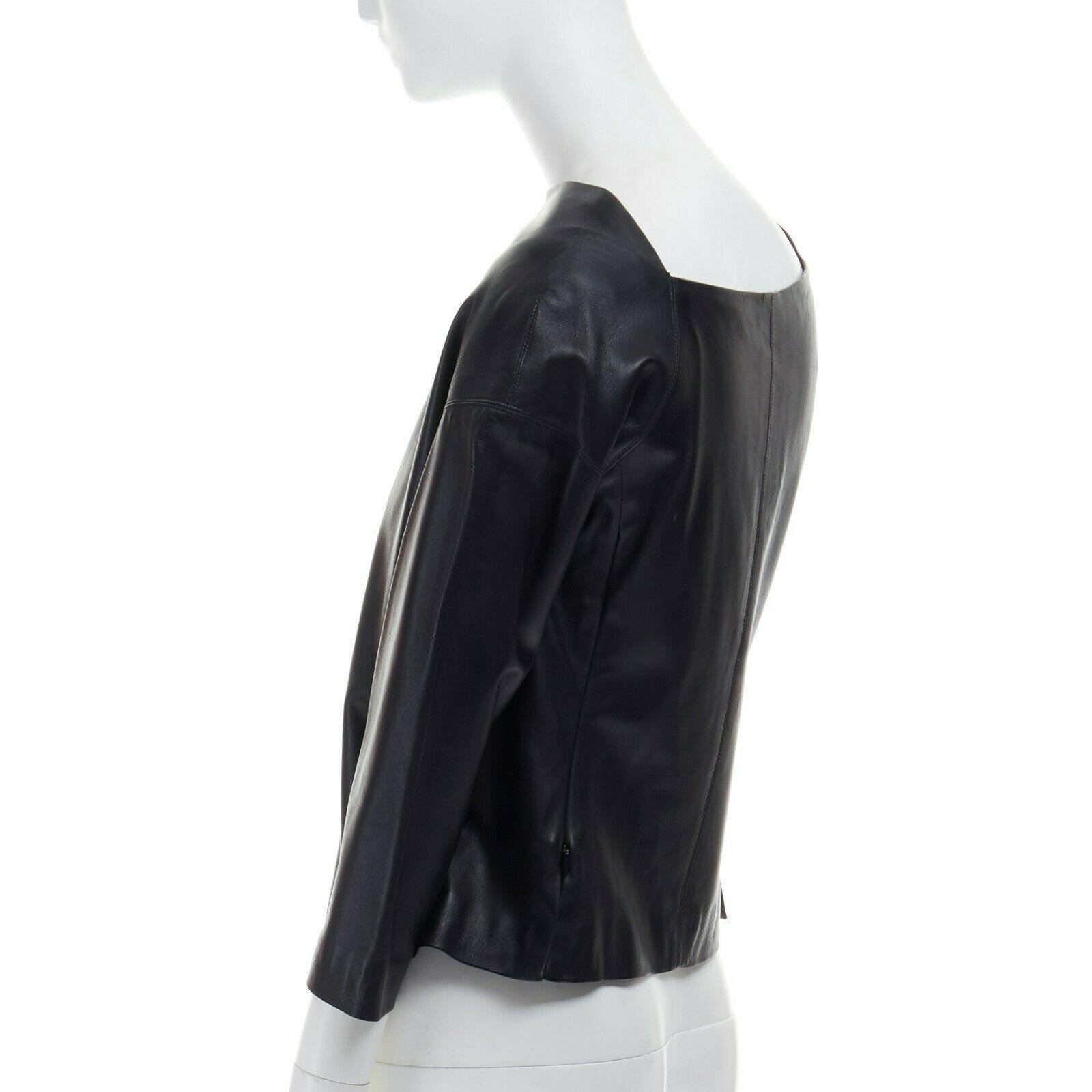 DONNA KARAN 100% lambskin leather wide angular neckline 3/4 sleeves top US4 S 2