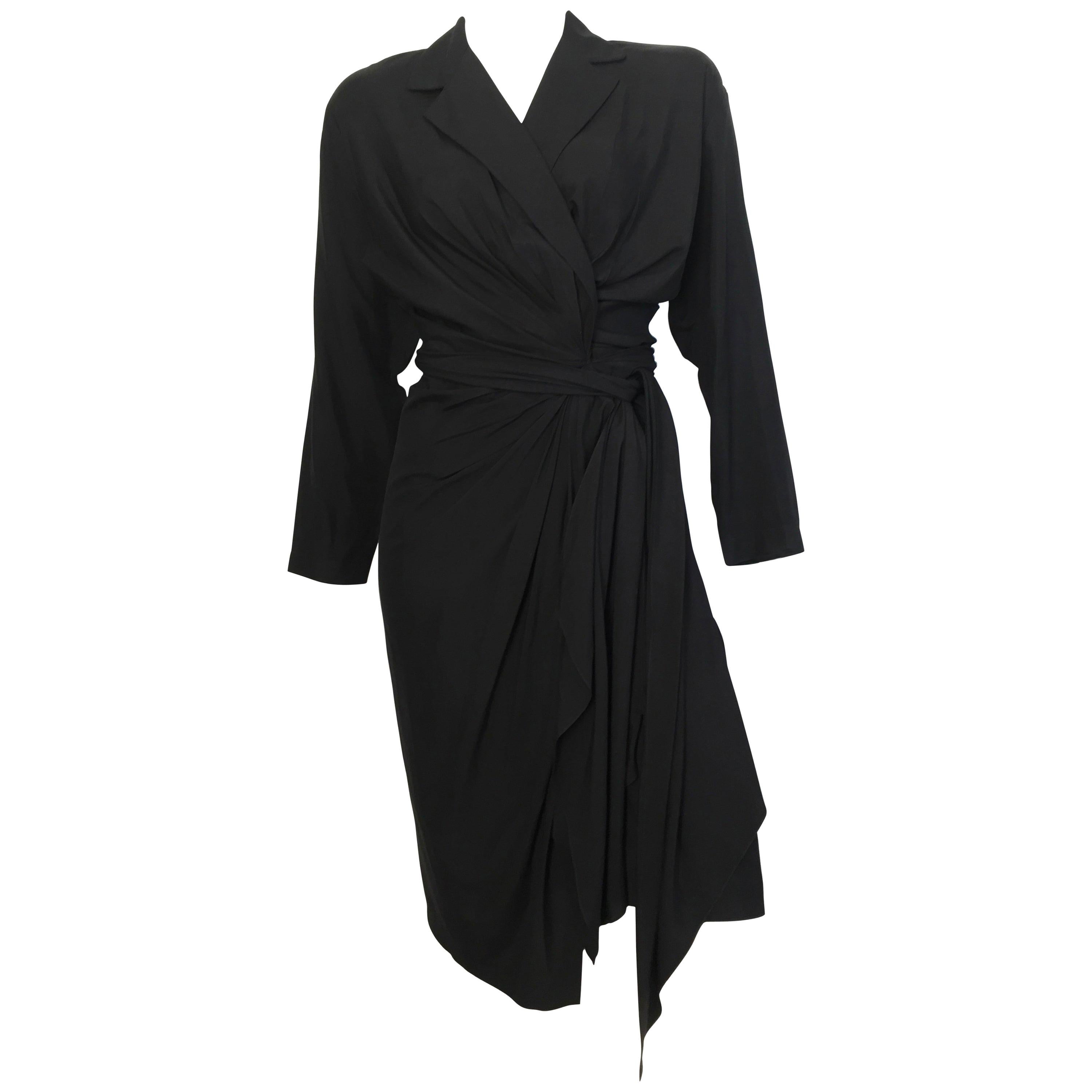 Donna Karan 1980s Black Silk Wrap Dress Size 8. For Sale