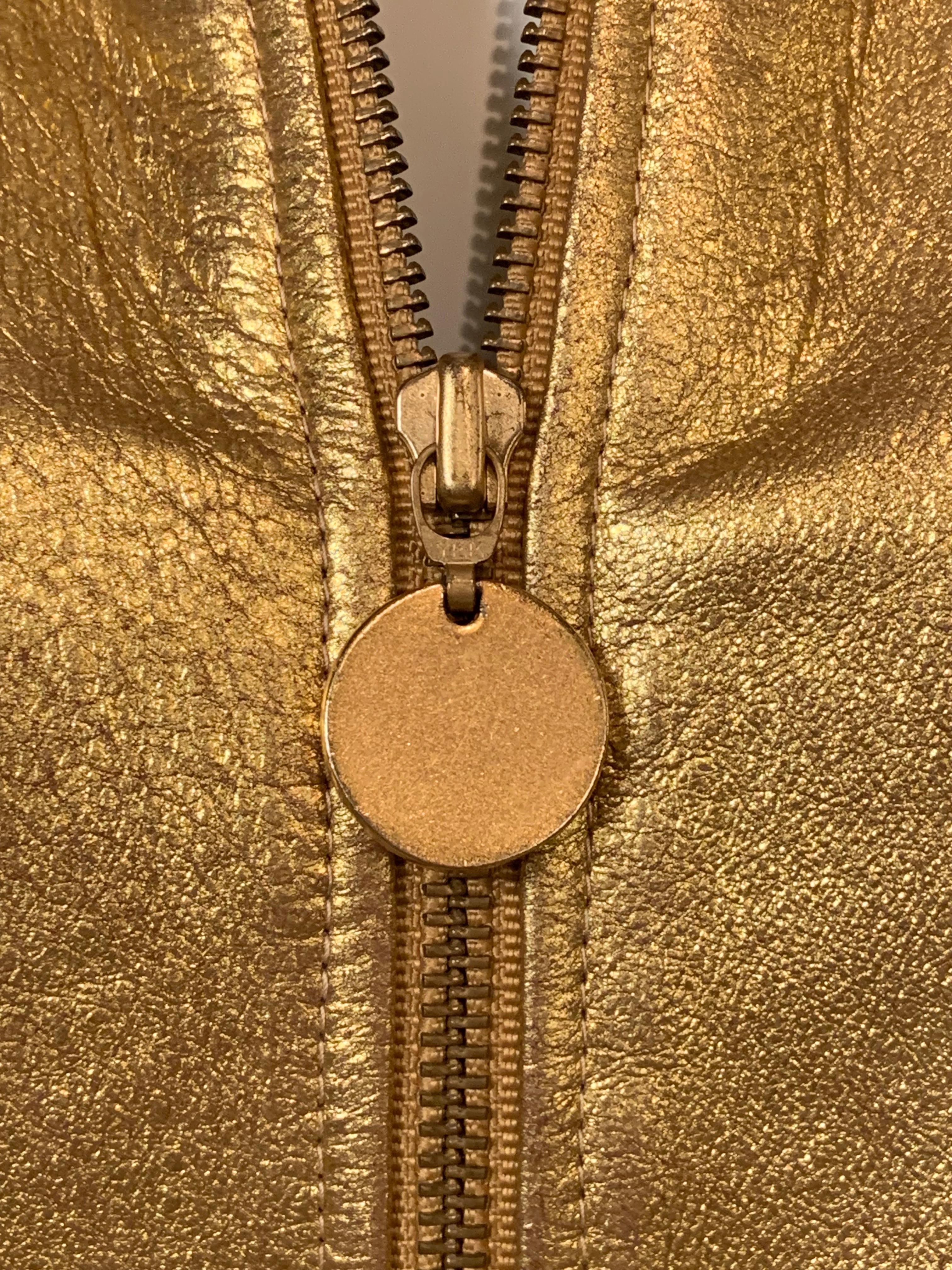 Brown Donna Karan 1980's Gold Zip Front Leather Vest For Sale