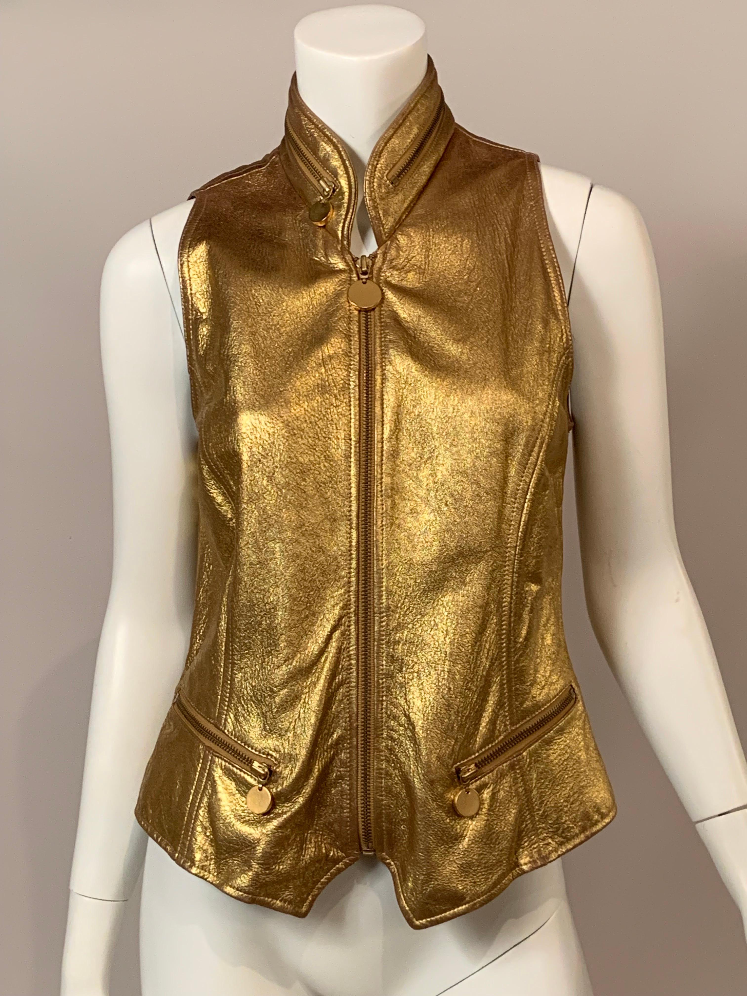 Women's Donna Karan 1980's Gold Zip Front Leather Vest For Sale