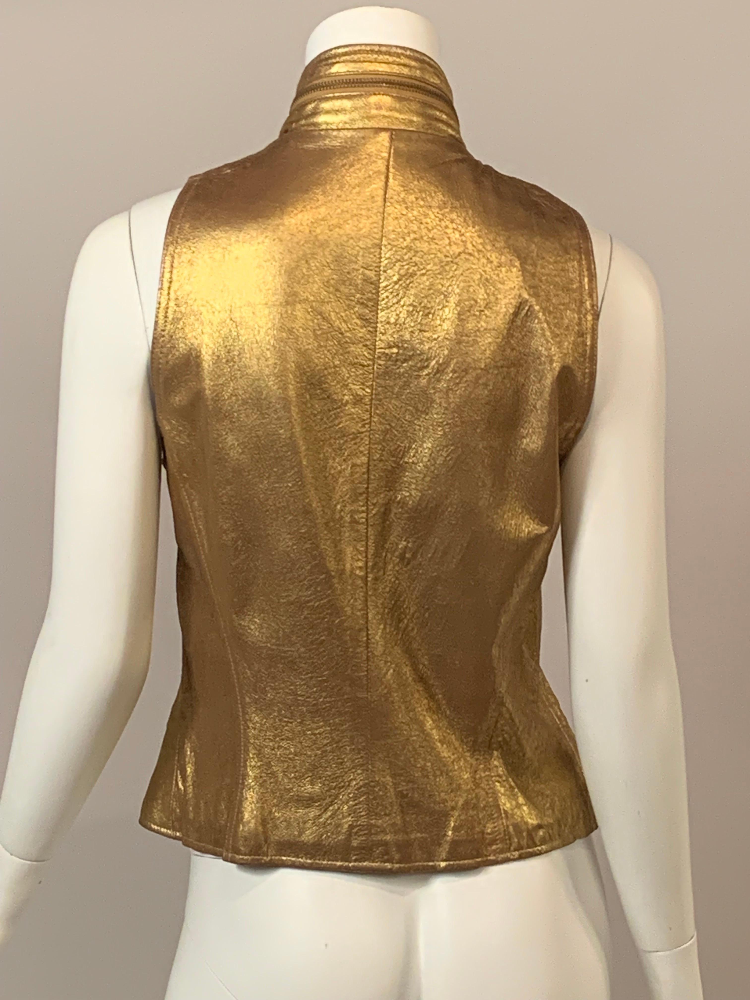 Donna Karan 1980's Gold Zip Front Leather Vest For Sale 2