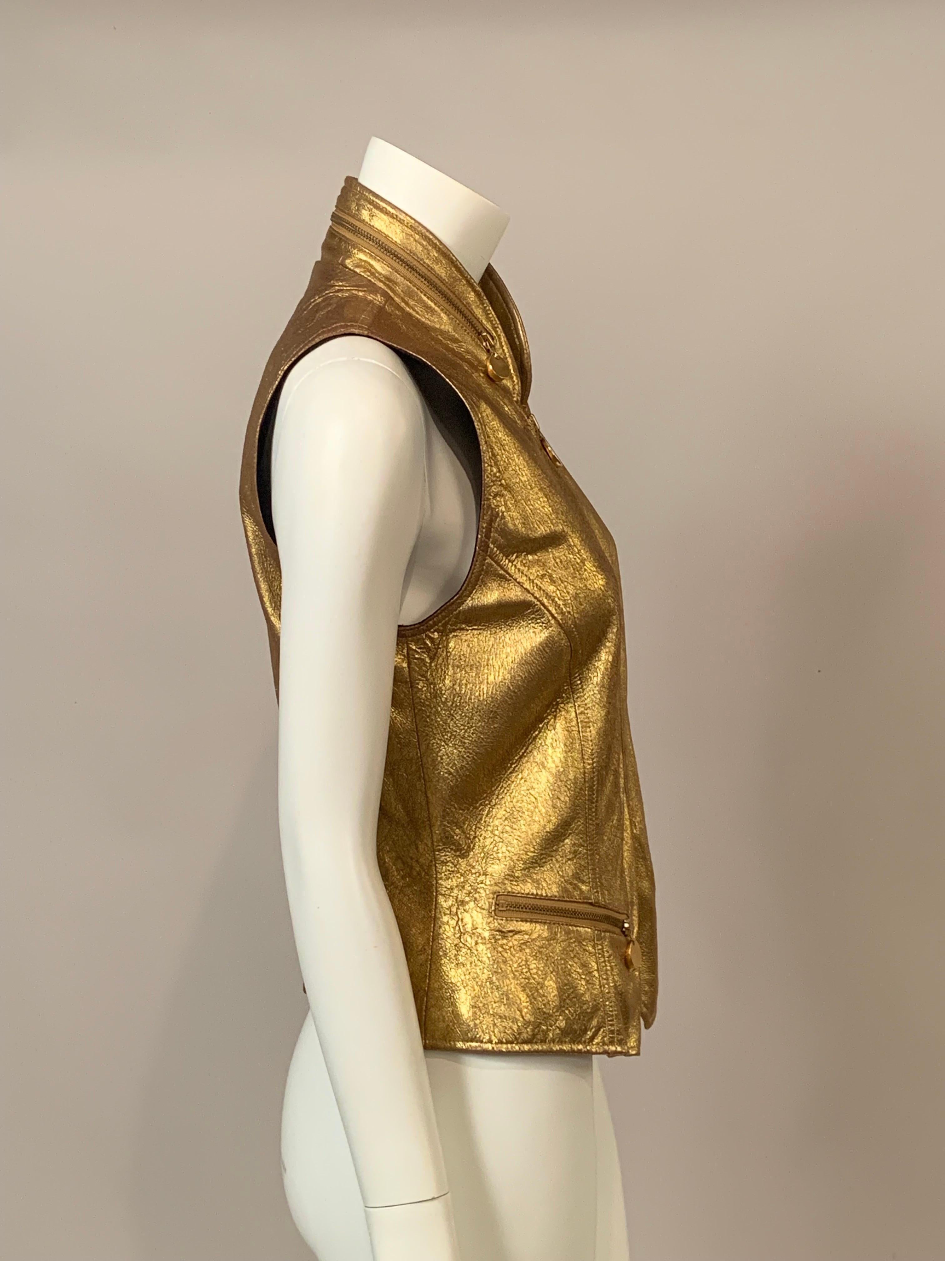 Donna Karan 1980's Gold Zip Front Leather Vest For Sale 3