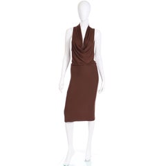 Donna Karan 1990s Brown Jersey Plunging Neckline Vintage Dress