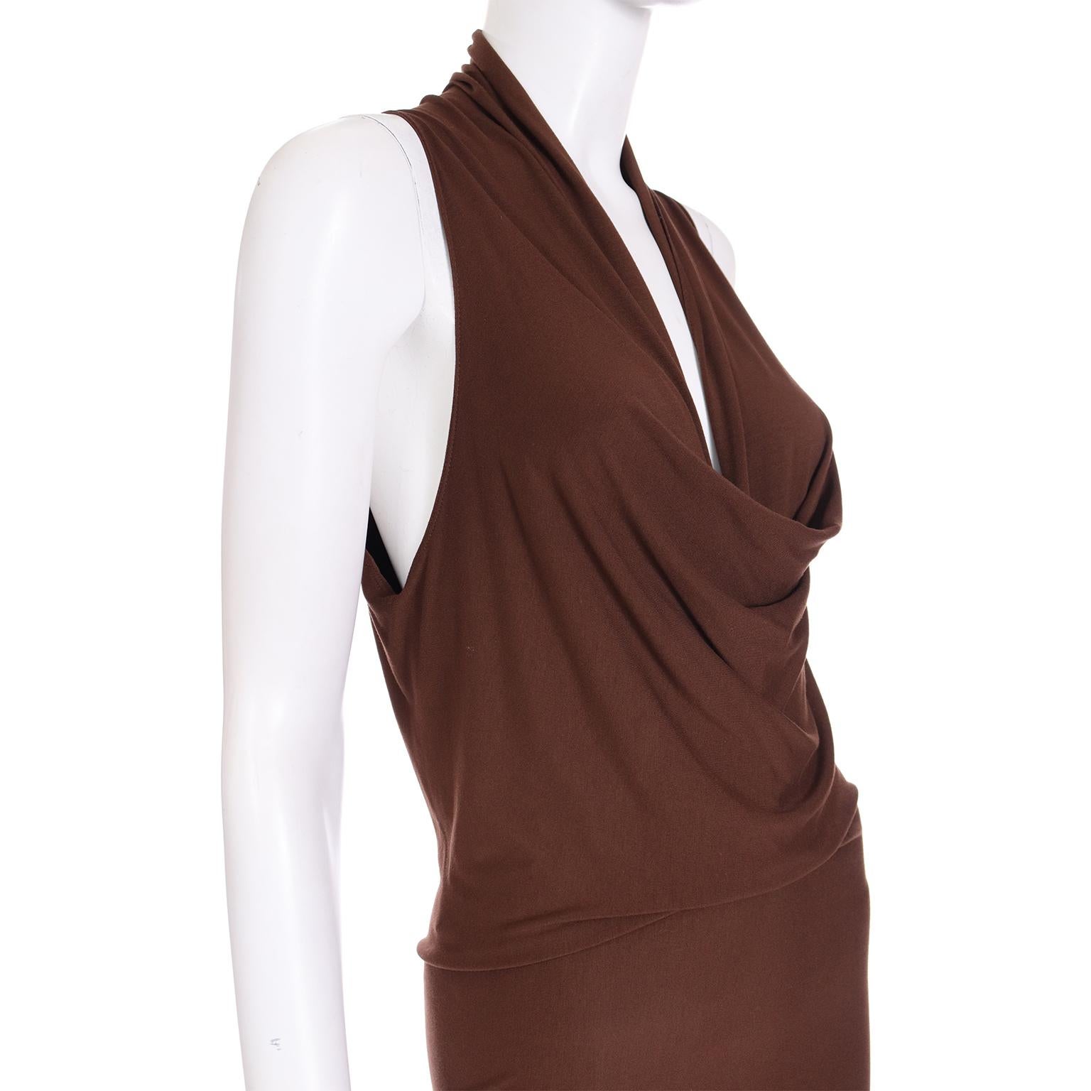 Donna Karan 1990s Brown Jersey Plunging Neckline Vintage Dress For Sale 1