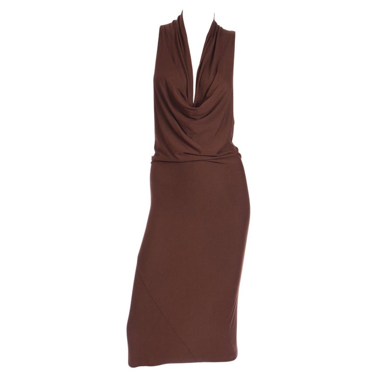 Donna Karan 1990s Brown Jersey Plunging Neckline Vintage Dress For Sale ...