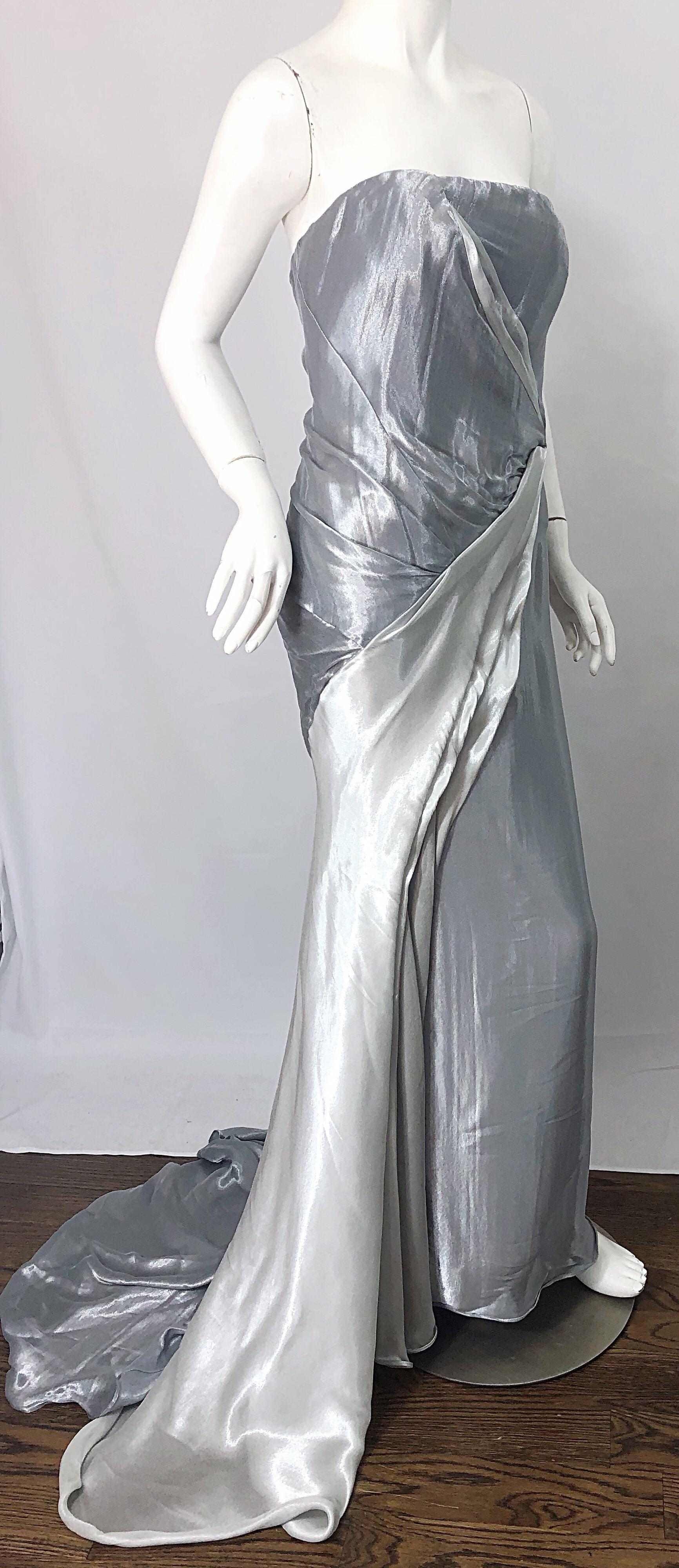 Donna Karan 1990s Size 4 Silver Grecian Metallic Strapless Vintage Silk 90s Gown For Sale 3