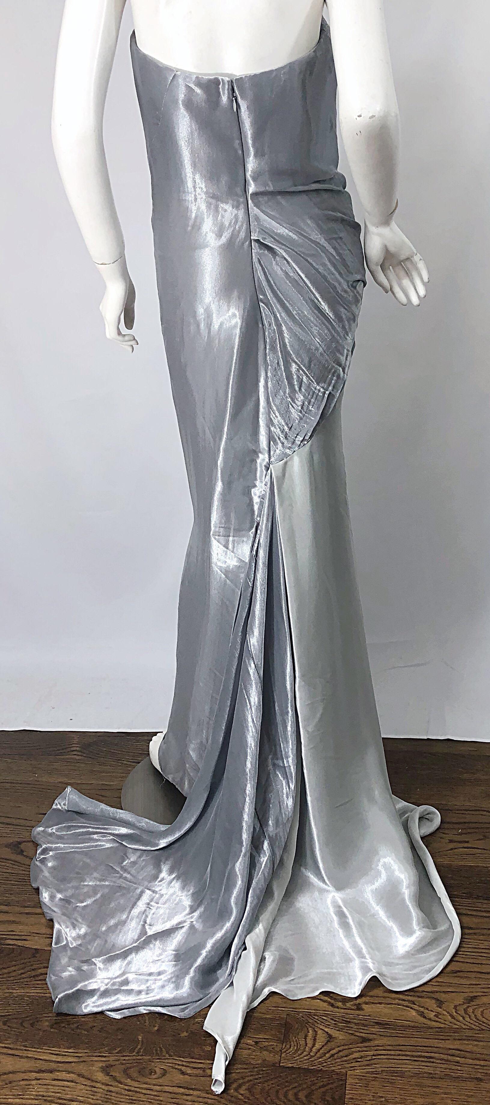 Donna Karan 1990s Size 4 Silver Grecian Metallic Strapless Vintage Silk 90s Gown For Sale 4