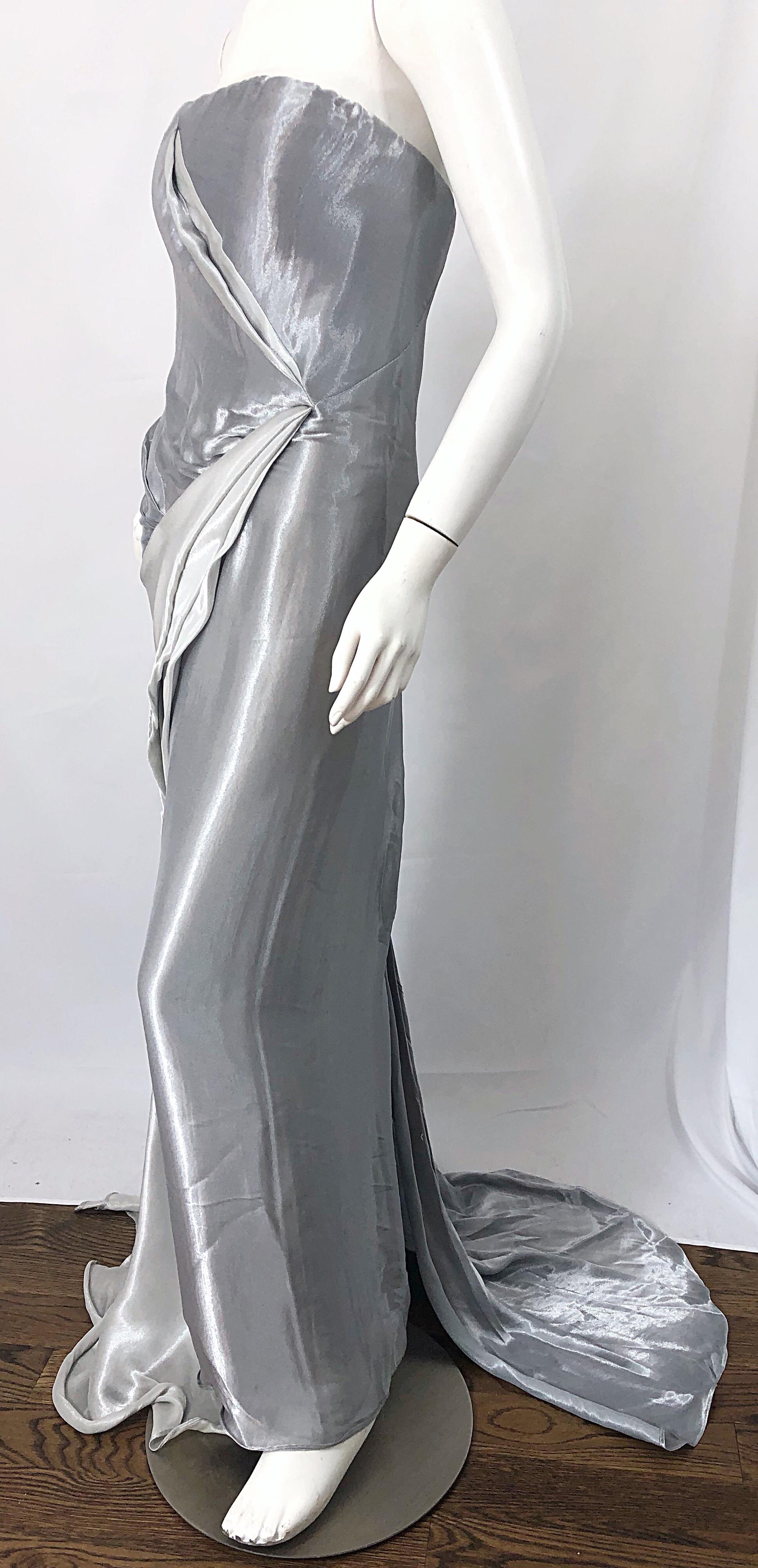 Donna Karan 1990s Size 4 Silver Grecian Metallic Strapless Vintage Silk 90s Gown For Sale 5