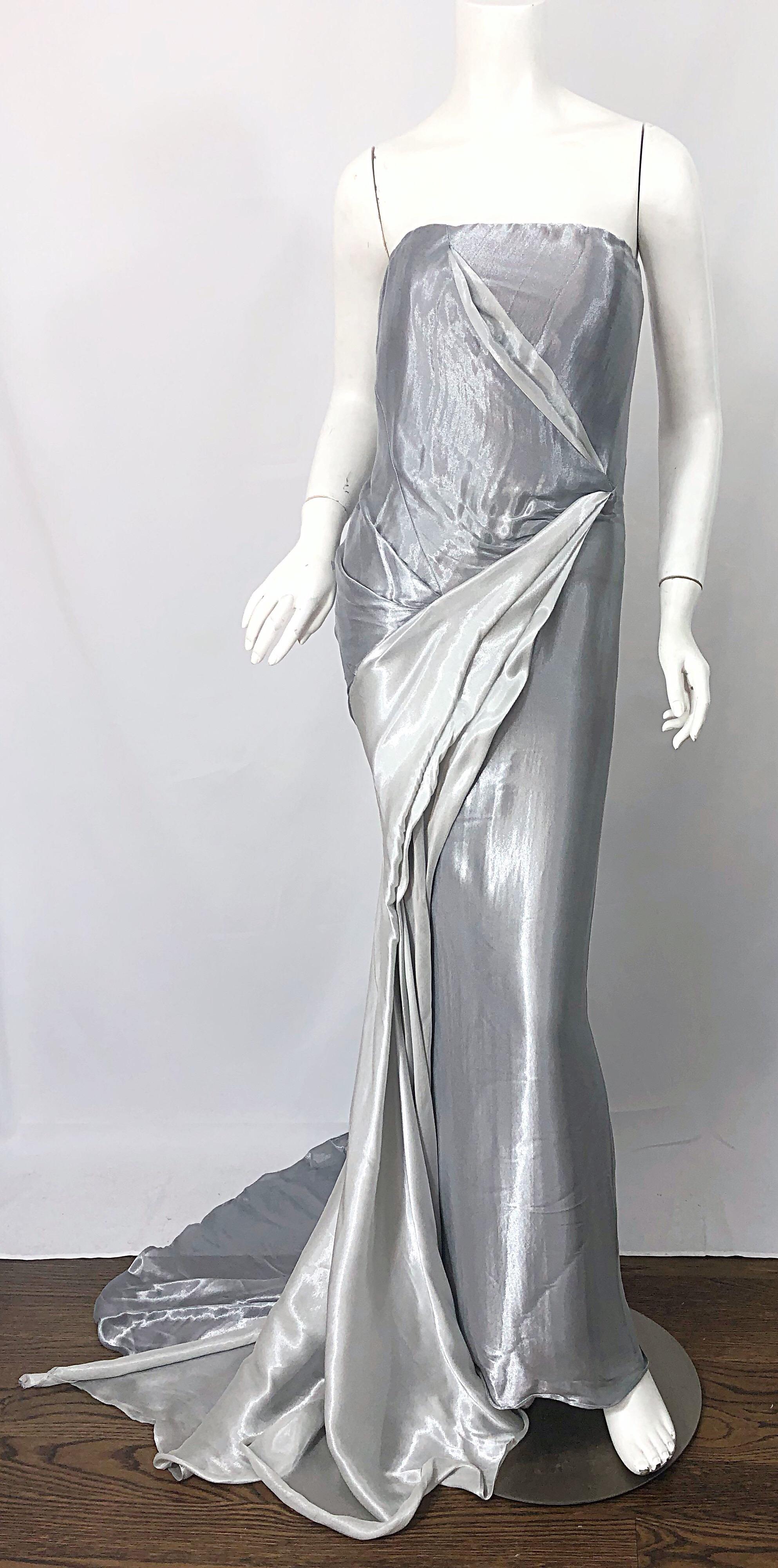 Donna Karan 1990s Size 4 Silver Grecian Metallic Strapless Vintage Silk 90s Gown For Sale 6