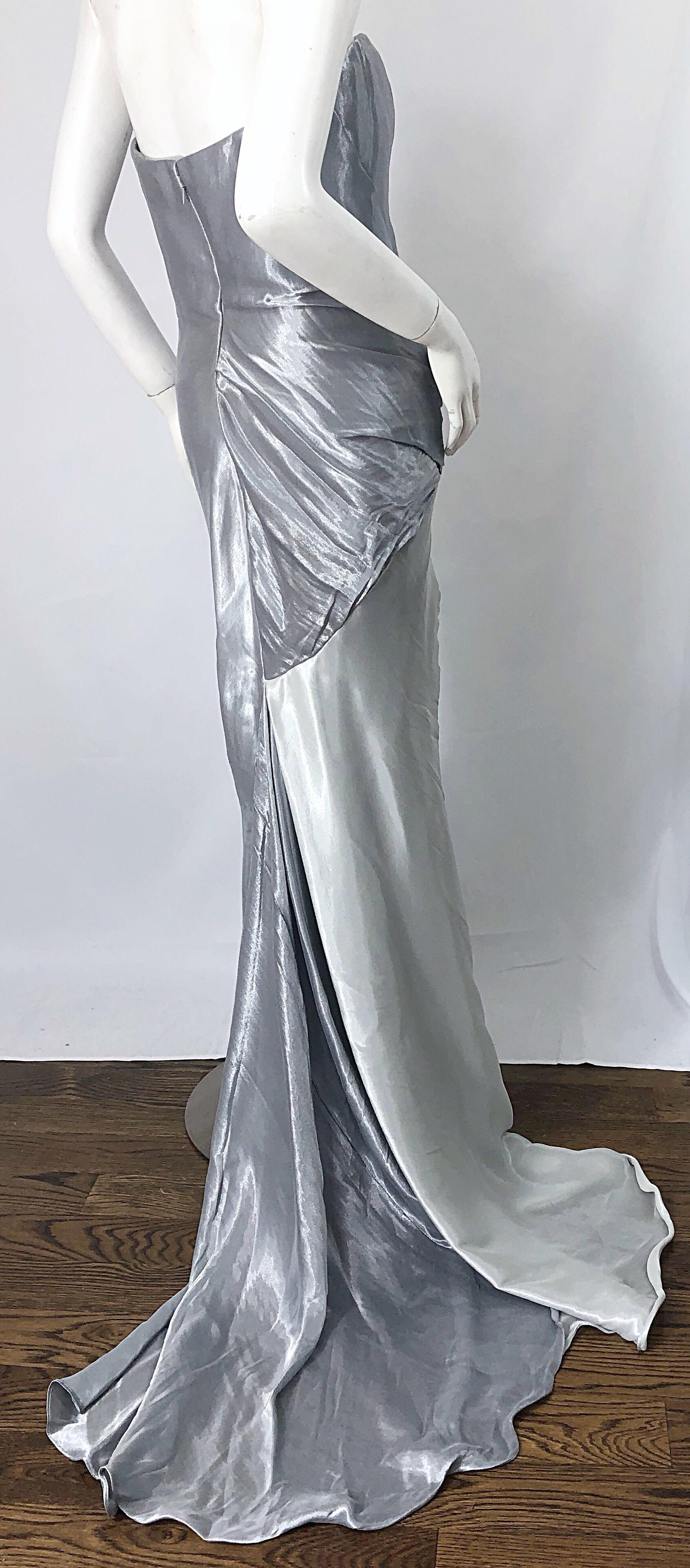 Donna Karan 1990s Size 4 Silver Grecian Metallic Strapless Vintage Silk 90s Gown In Excellent Condition For Sale In San Diego, CA