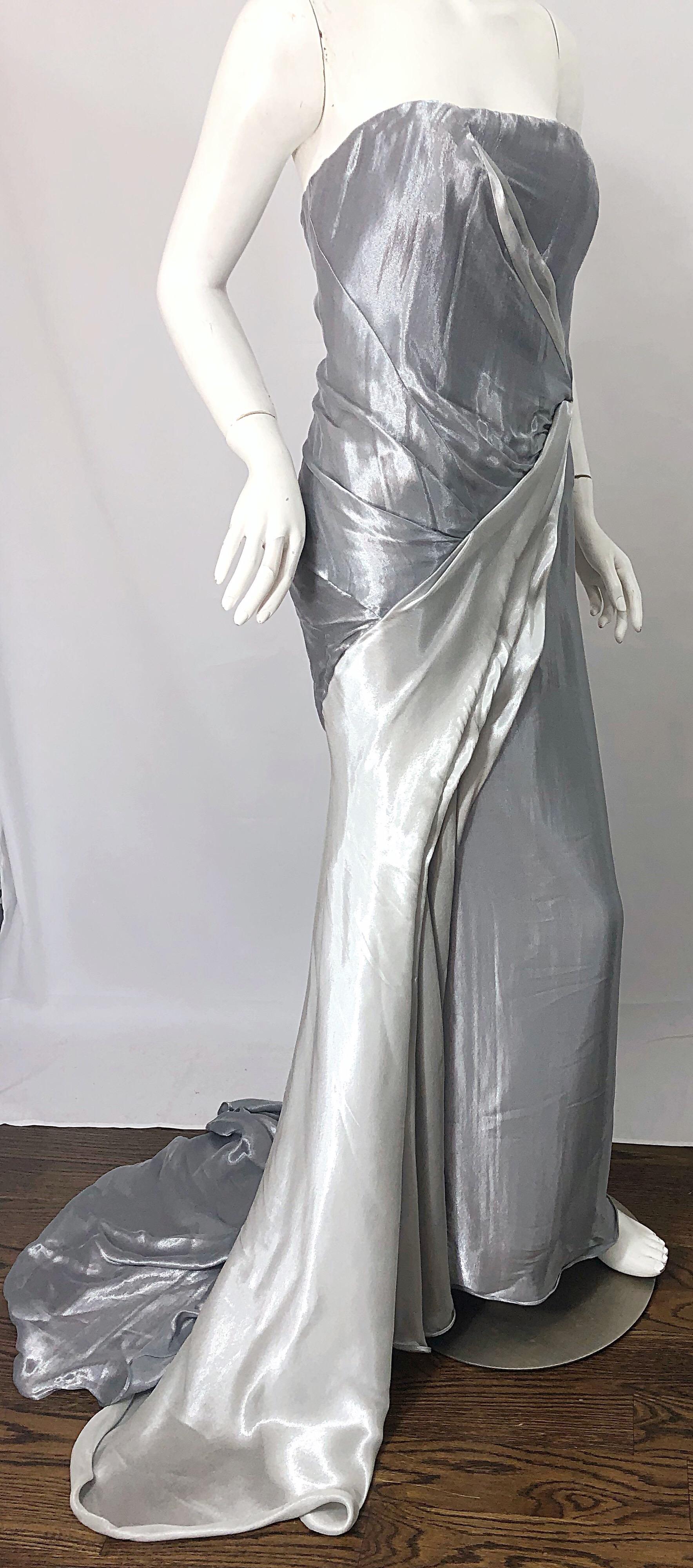 Women's Donna Karan 1990s Size 4 Silver Grecian Metallic Strapless Vintage Silk 90s Gown For Sale