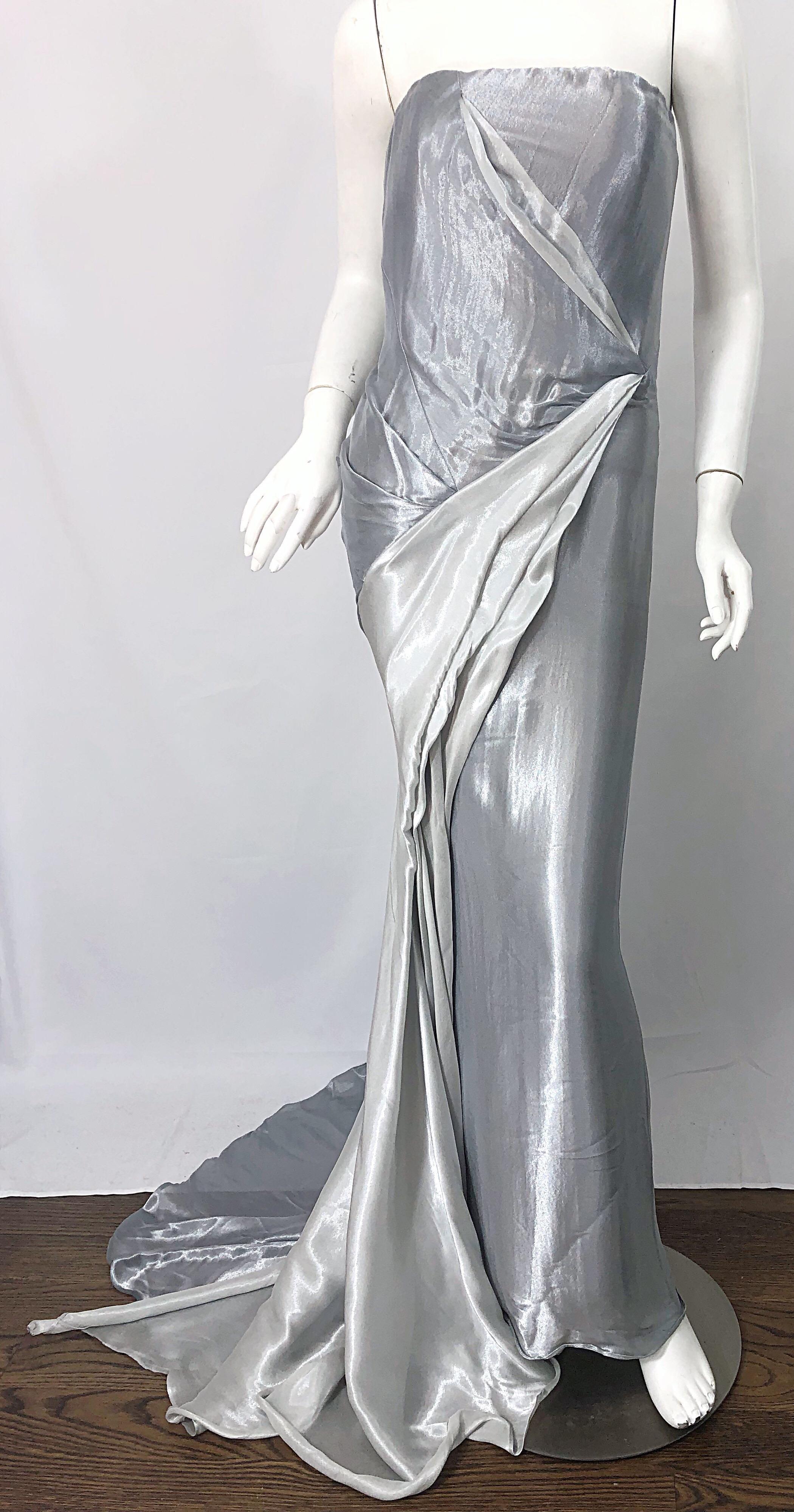 Donna Karan 1990s Size 4 Silver Grecian Metallic Strapless Vintage Silk 90s Gown For Sale 1