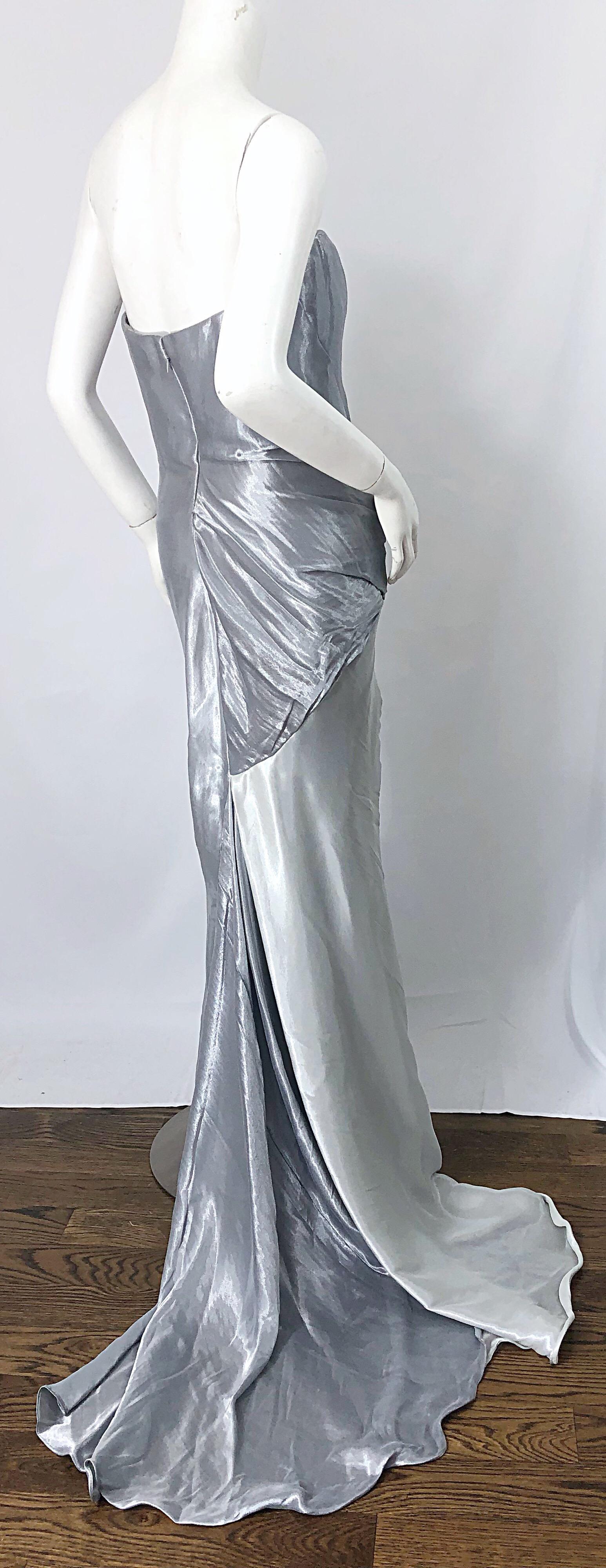 Donna Karan 1990s Size 4 Silver Grecian Metallic Strapless Vintage Silk 90s Gown For Sale 2