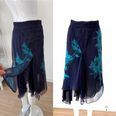 DONNA KARAN 2000 Vintage Blue Silk Runway Print Skirt