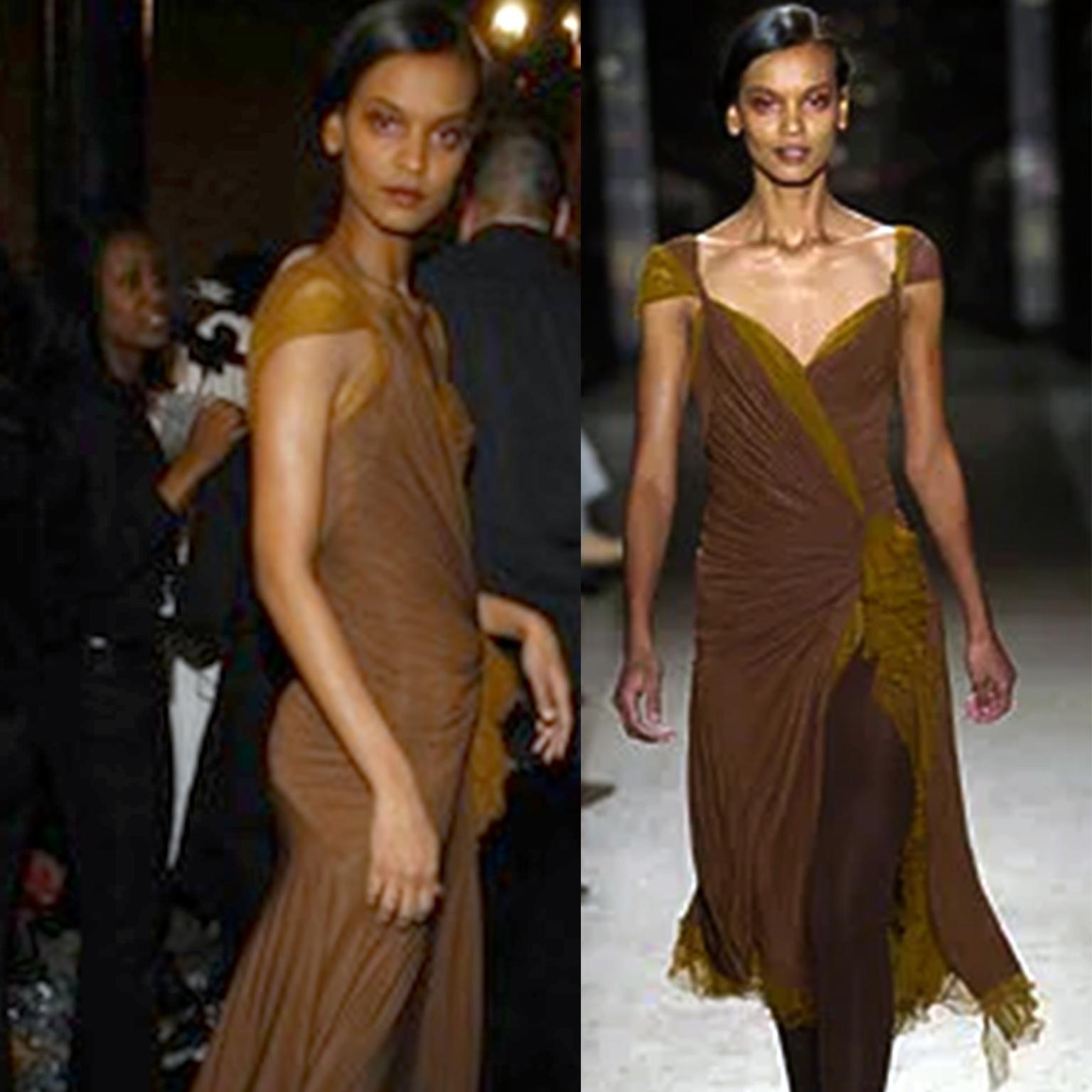 Donna Karan 2004 Vintage Ruched Brown Evening Dress with Mesh Details For Sale 6
