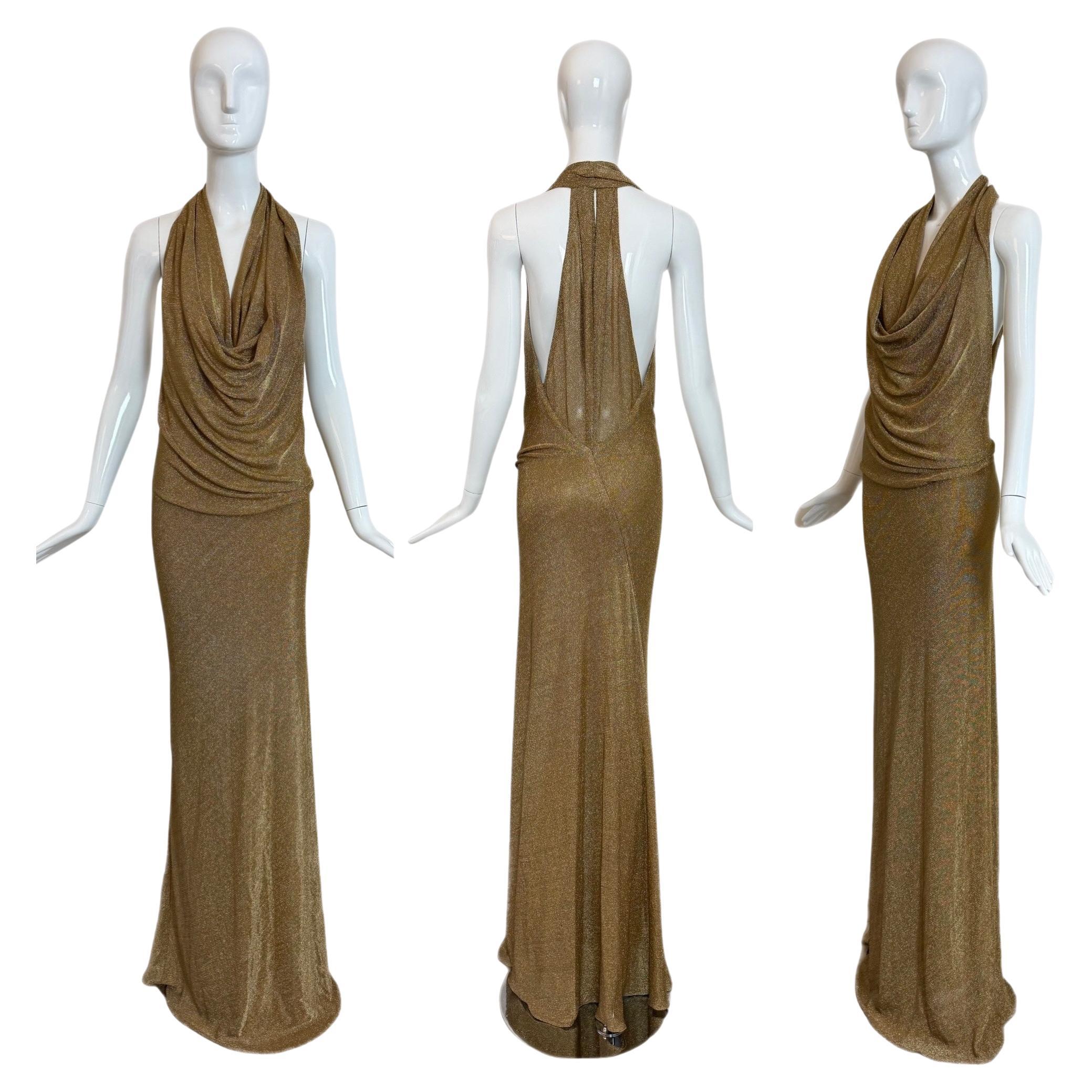 DONNA KARAN 2009 Vintage Gold Draped Cowl Neck Evening Gown