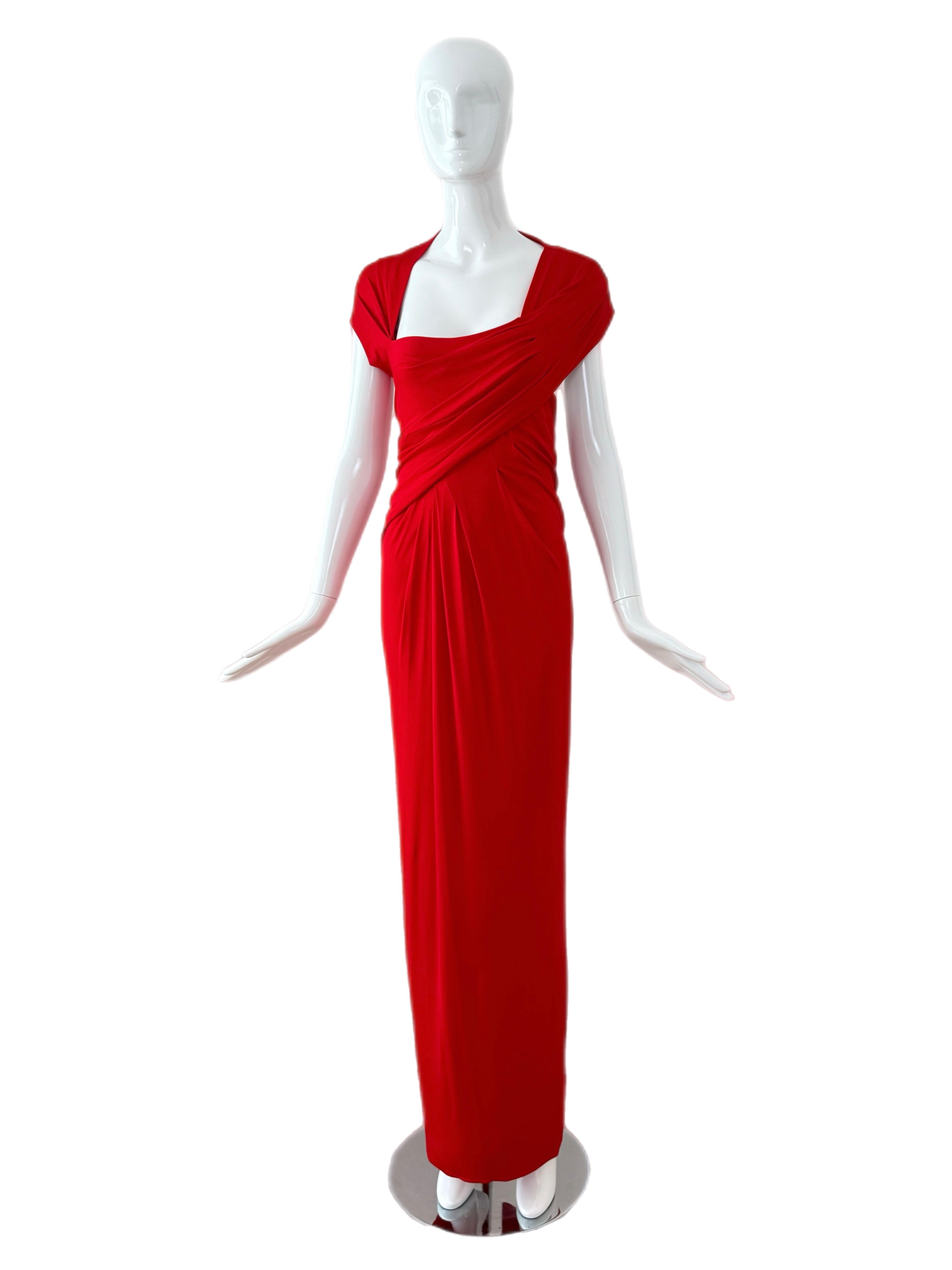 DONNA KARAN 2012 Vintage Tomatenrot Abendkleid Maxikleid Cut-Out Open Back Damen im Angebot