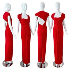 DONNA KARAN 2012 Vintage Tomato Red Evening Gown Maxi Dress Cut-Out Open Back