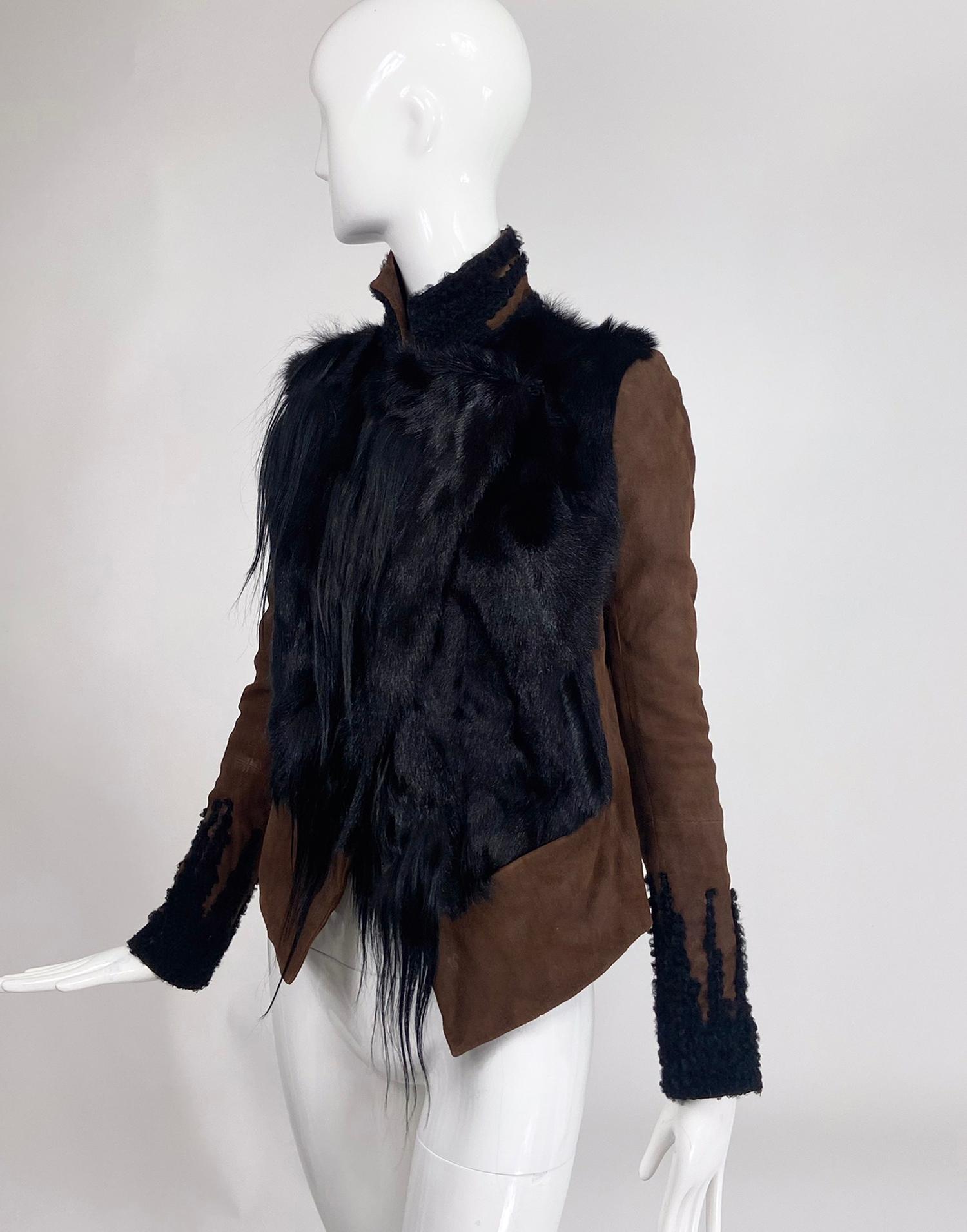 Donna Karan runway Fall 2014, her 30 year anniversary collection. Look 30 from the collection,chocolate brown suede & black shearling and goat hair jacket. This gorgeous jacket has a chic Bohemian feel, great to pair with your favourite jeans or a