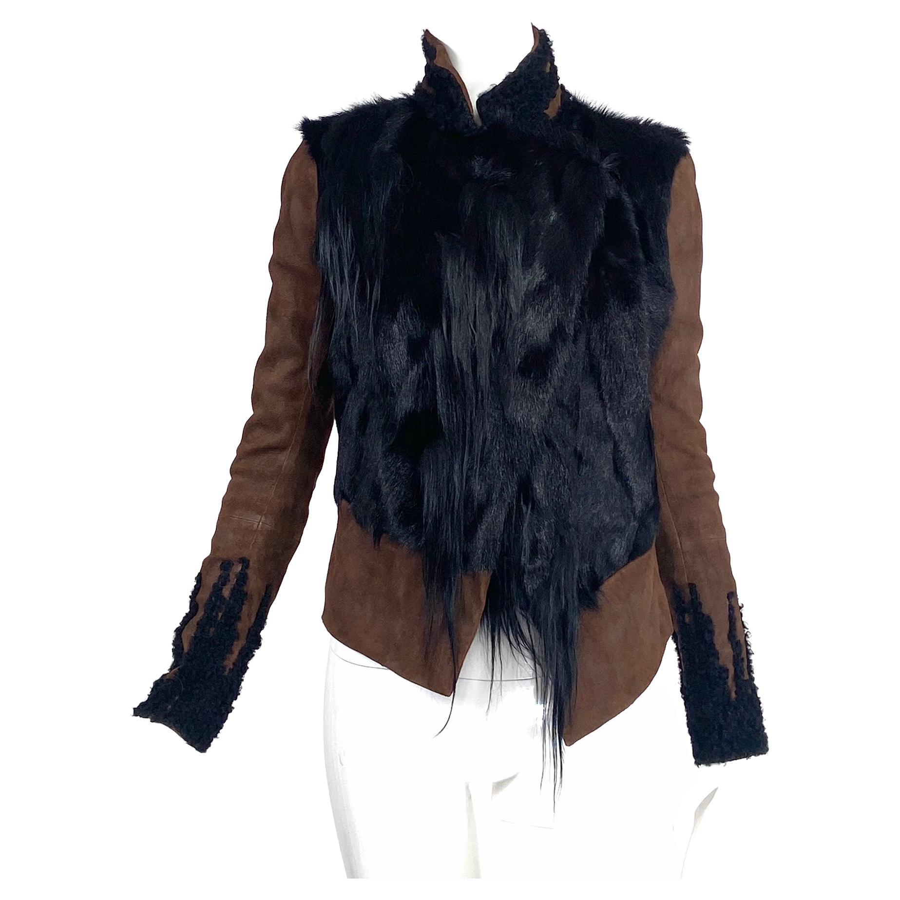 Donna Karan 30 Years Runway Fall 2014 Brown Suede & Black Goat Hair Jacket 