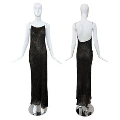DONNA KARAN 90's Vintage Black Bronze Silk Beaded Backless Gown Maxi Dress