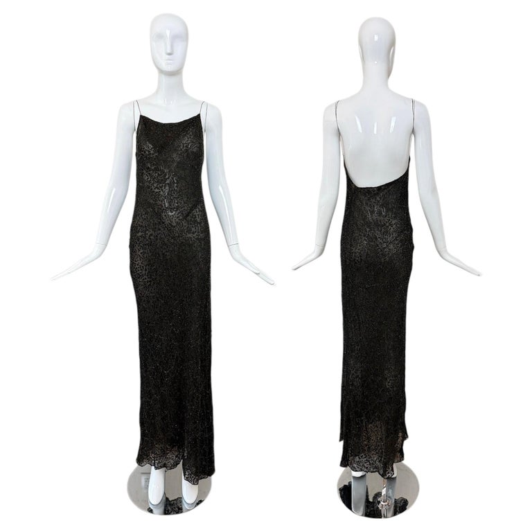 DONNA KARAN 90's Vintage Black Bronze Silk Beaded Backless Gown Maxi Dress  For Sale at 1stDibs