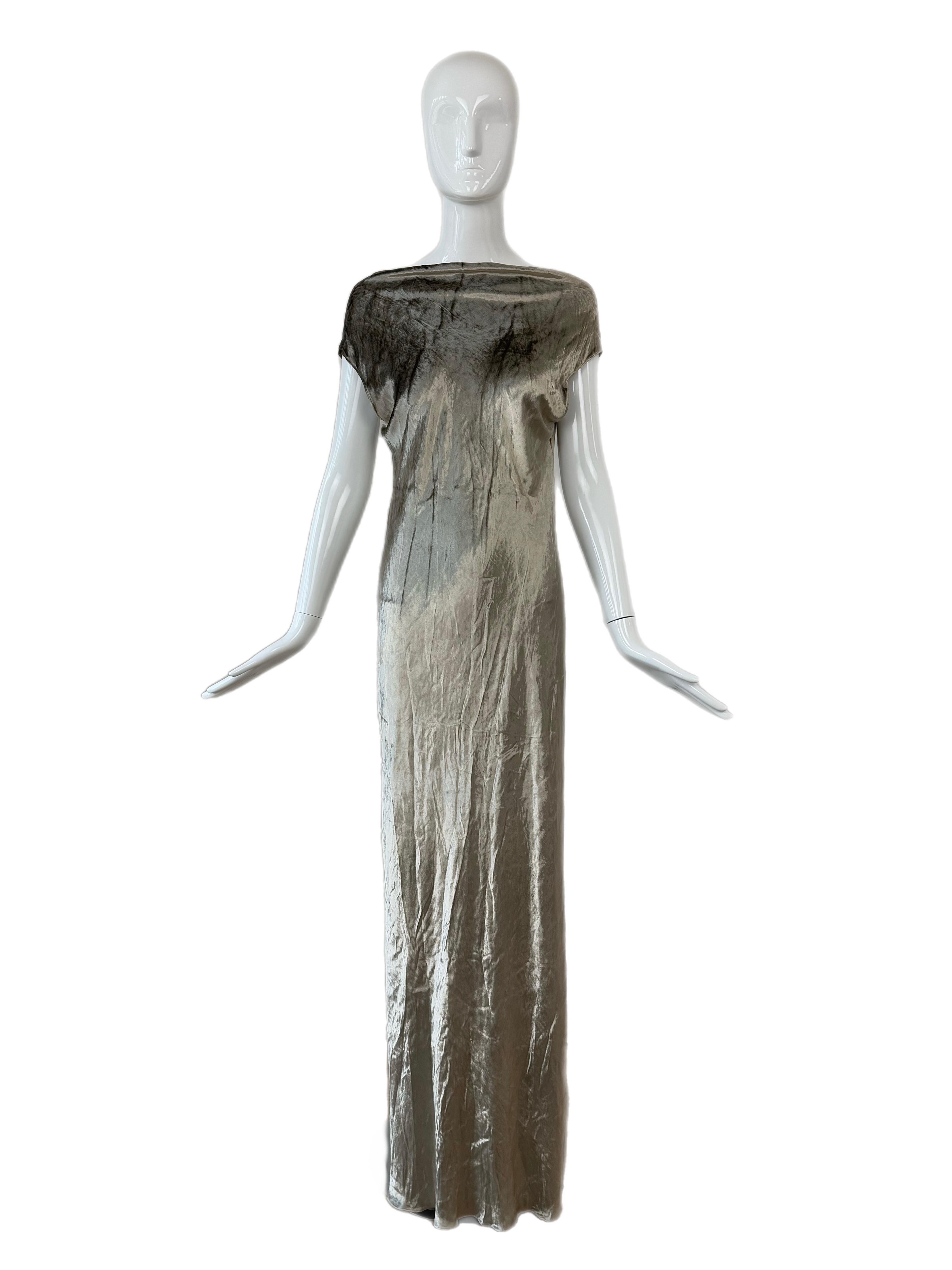 DONNA KARAN 90's Vintage Vestido de terciopelo aplastado Maxi Vestido Gris en venta