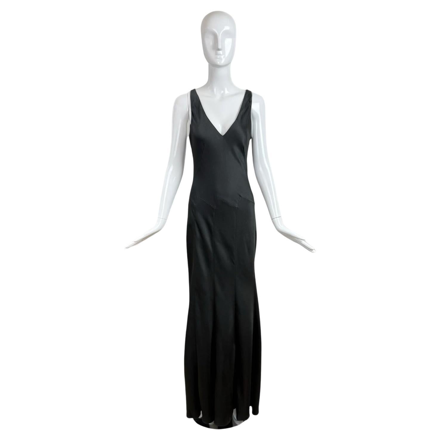 DONNA KARAN 90
s Vintage Hammered Satin Black Evening Gown Maxi Dress