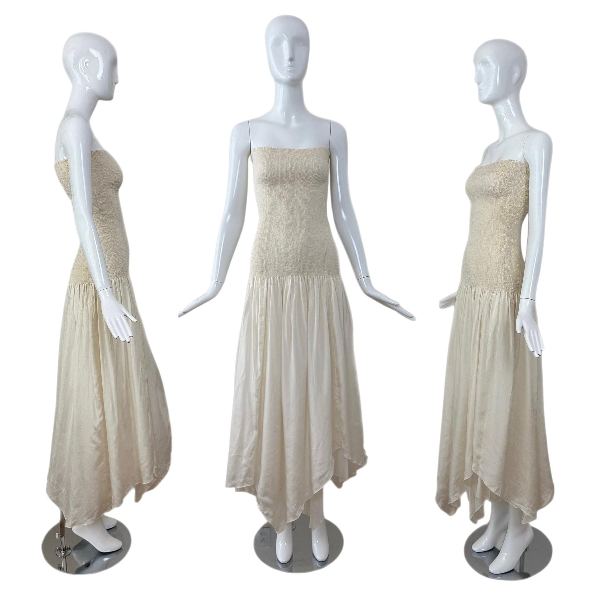 DONNA KARAN 90's Vintage Ivory Silk Smocked Long Strapless Maxi Dress