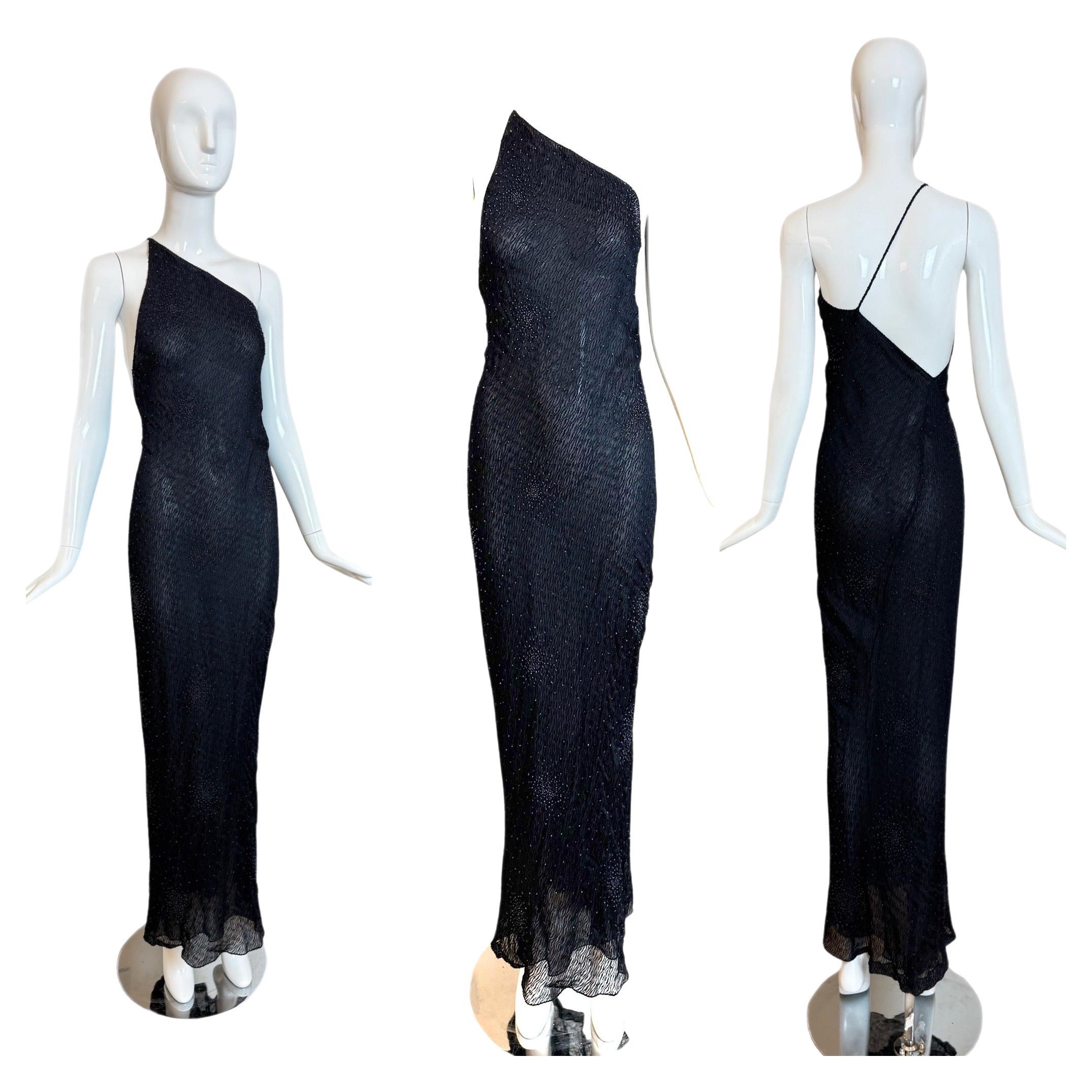 DONNA KARAN 90
s Vintage Midnight Blue Beaded Asymmetrical Evening Gown Maxi