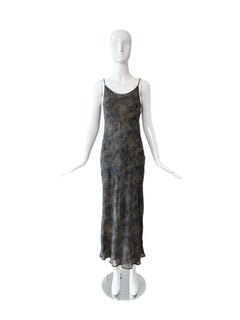 DONNA KARAN 90's Vintage Navy Blue & Tan Printed Silk Slip Maxi Dress Gown