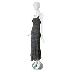 DONNA KARAN 90's Vintage Navy Blue & Tan Printed Silk Slip Maxi Dress Gown