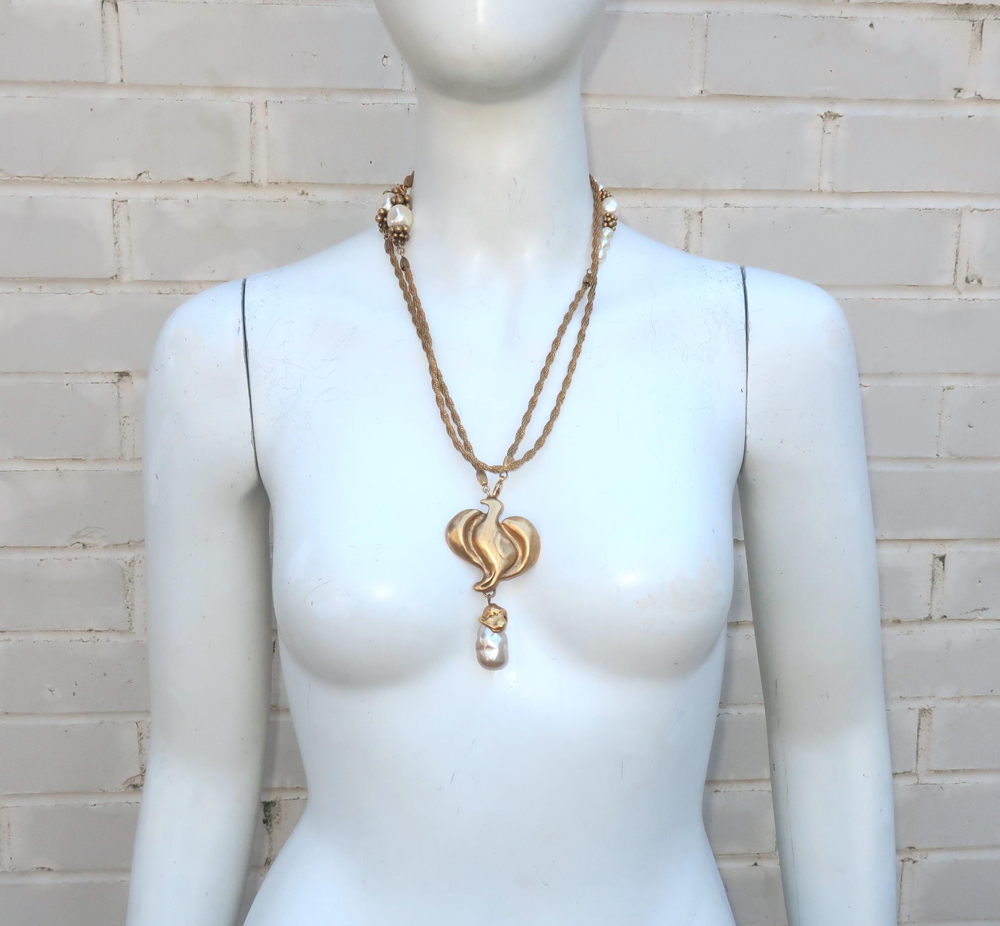Donna Karan Attributed Gold Tone Bird Pendant Necklace With Baroque Pearls For Sale 5