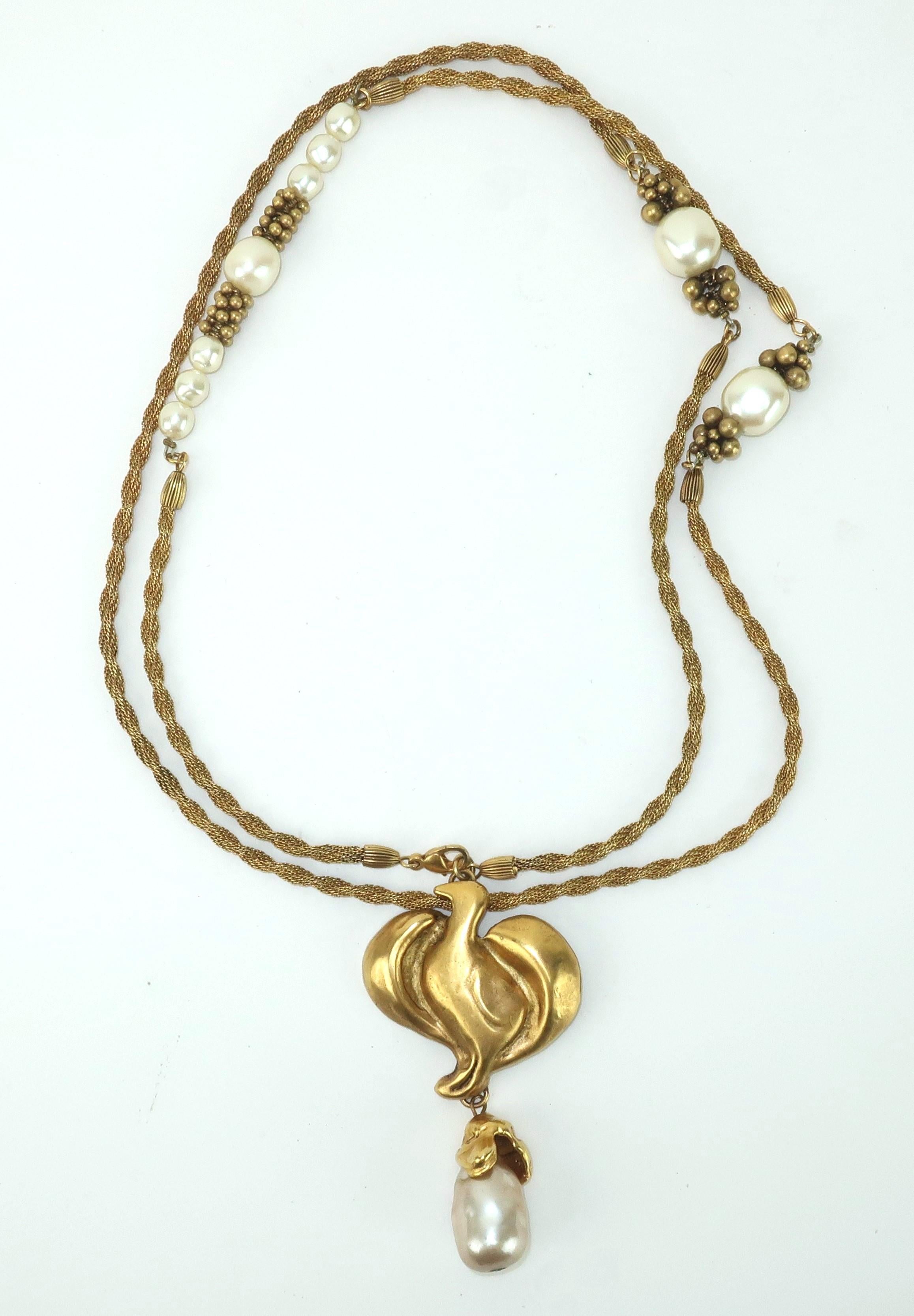 Modernist Donna Karan Attributed Gold Tone Bird Pendant Necklace With Baroque Pearls For Sale