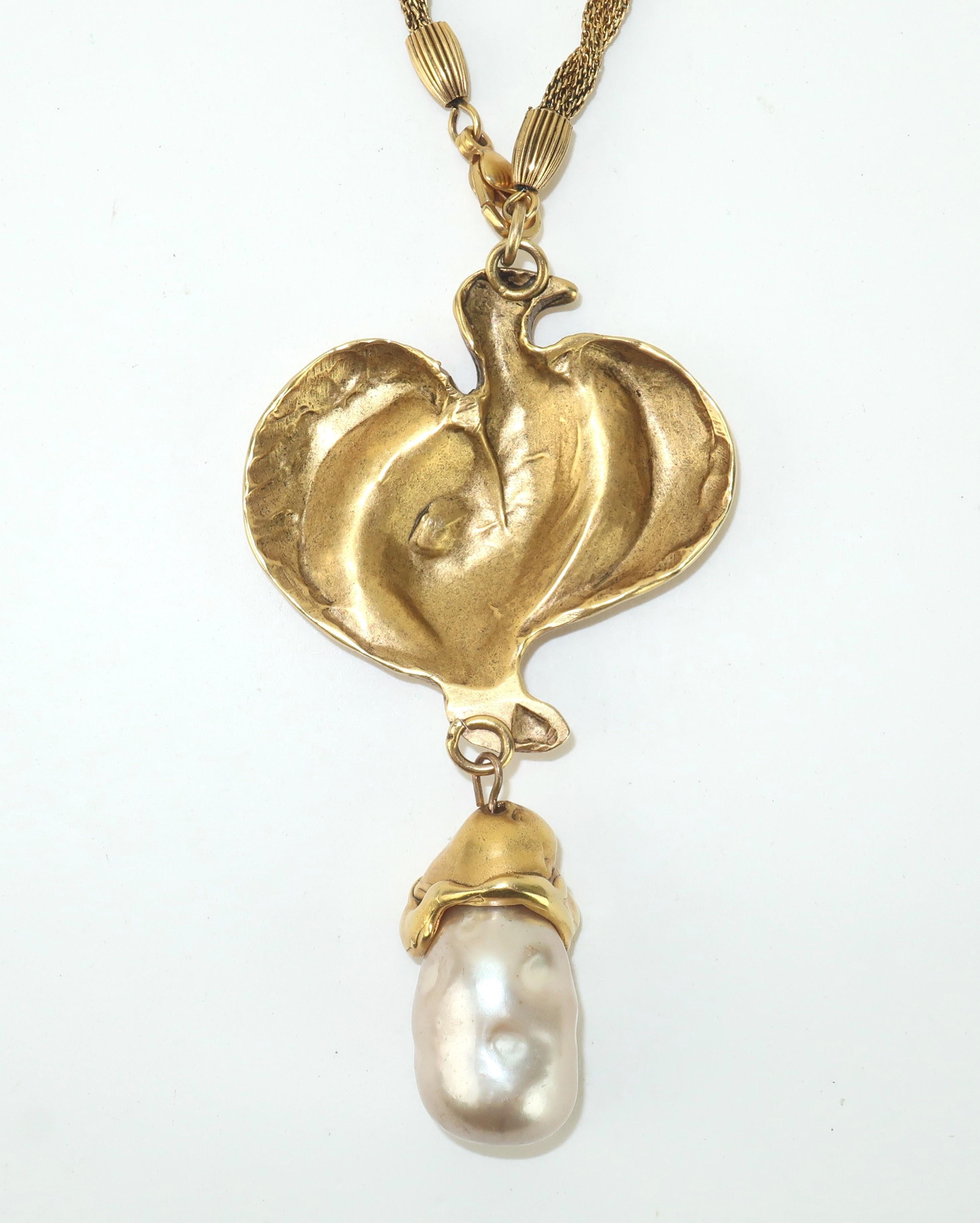 Women's Donna Karan Attributed Gold Tone Bird Pendant Necklace With Baroque Pearls For Sale