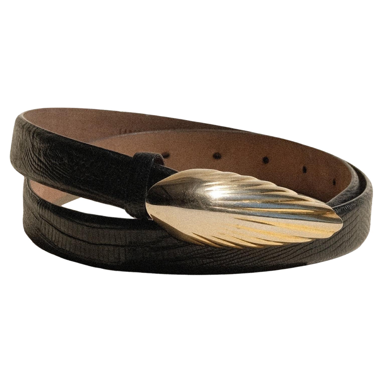 Donna Karan Belt Black Embossed Leather Gold Silver Buckle 1980's 1990's
