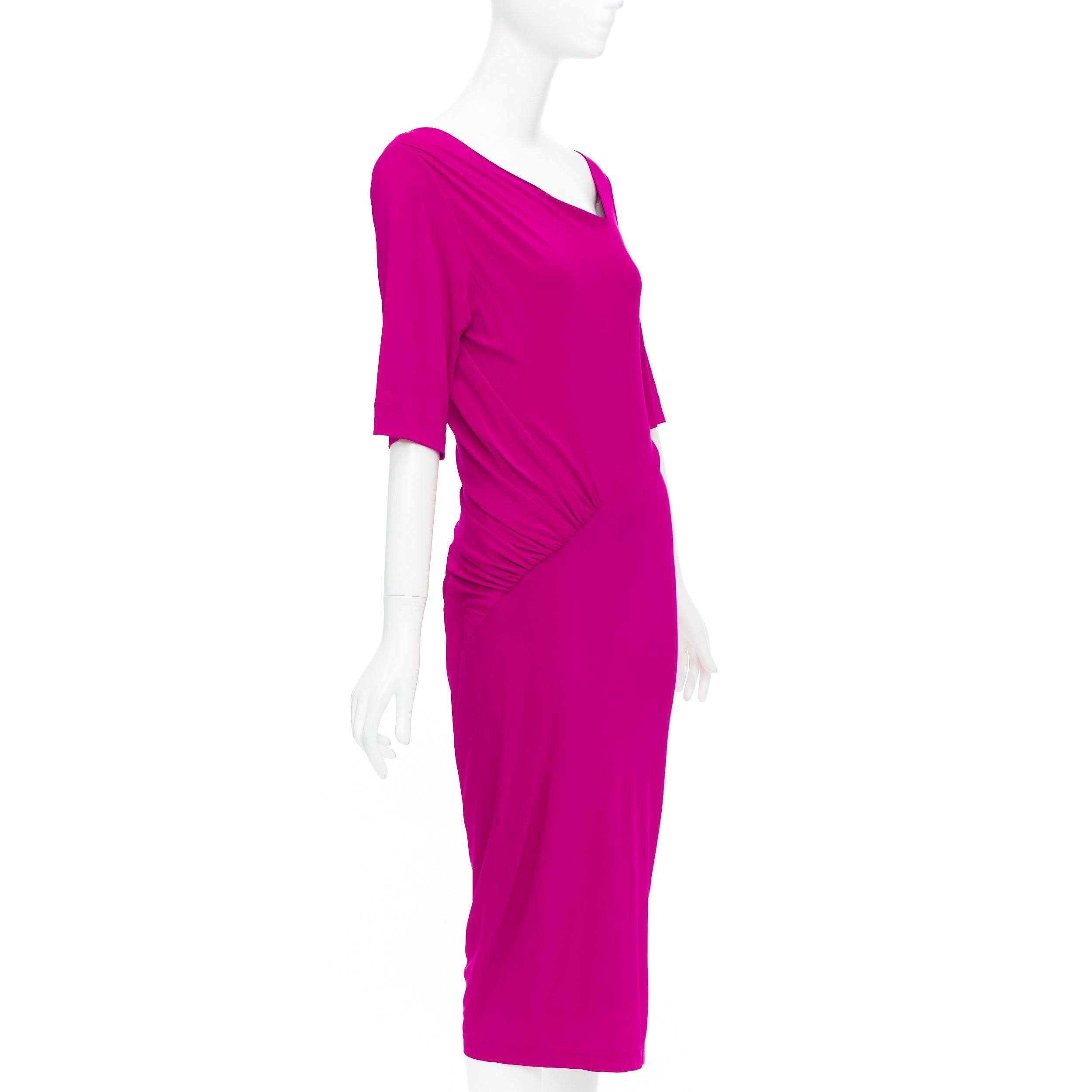 Pink DONNA KARAN berry pink asymmetric neck tuck draped midi dress L For Sale