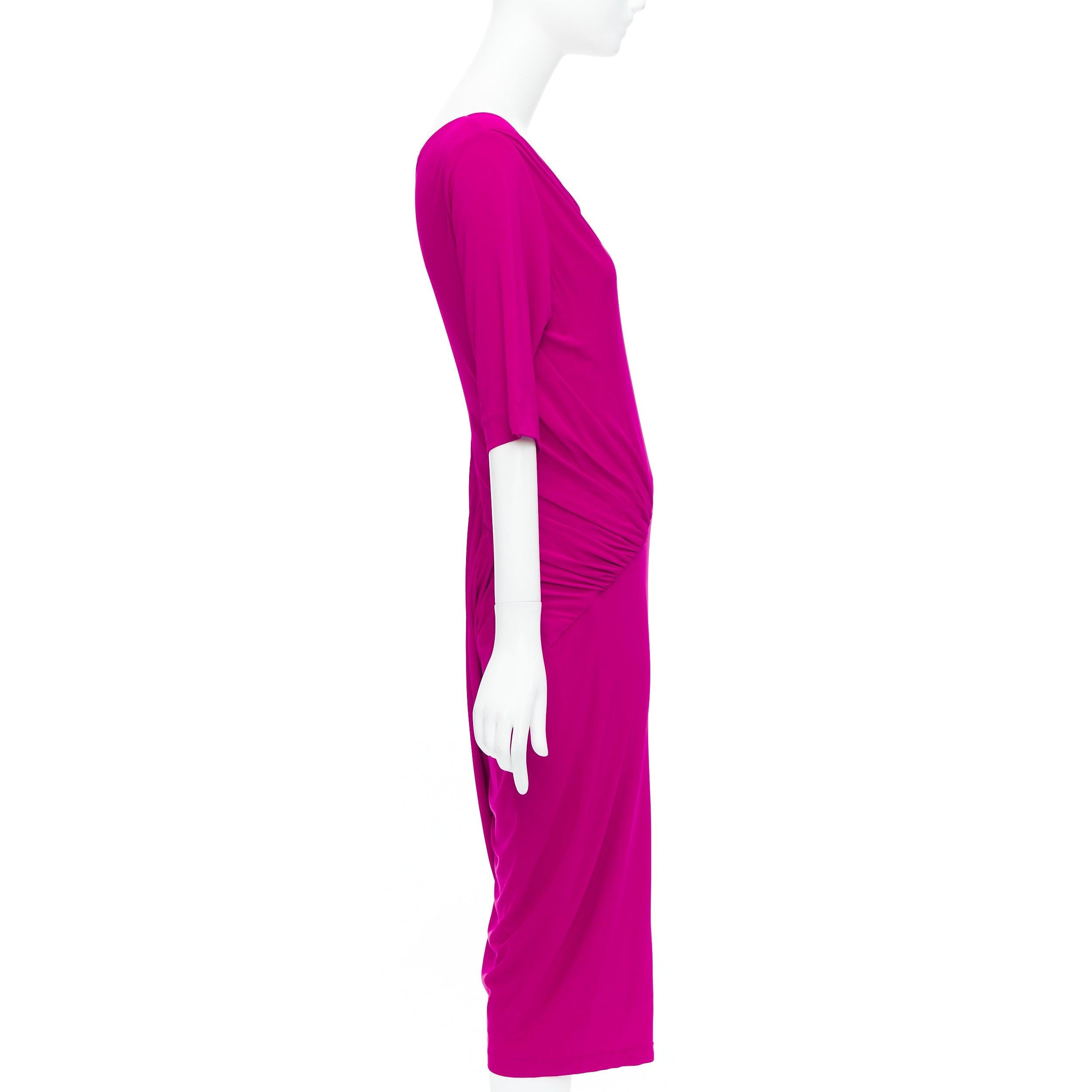 DONNA KARAN berry pink asymmetric neck tuck draped midi dress L In Good Condition For Sale In Hong Kong, NT