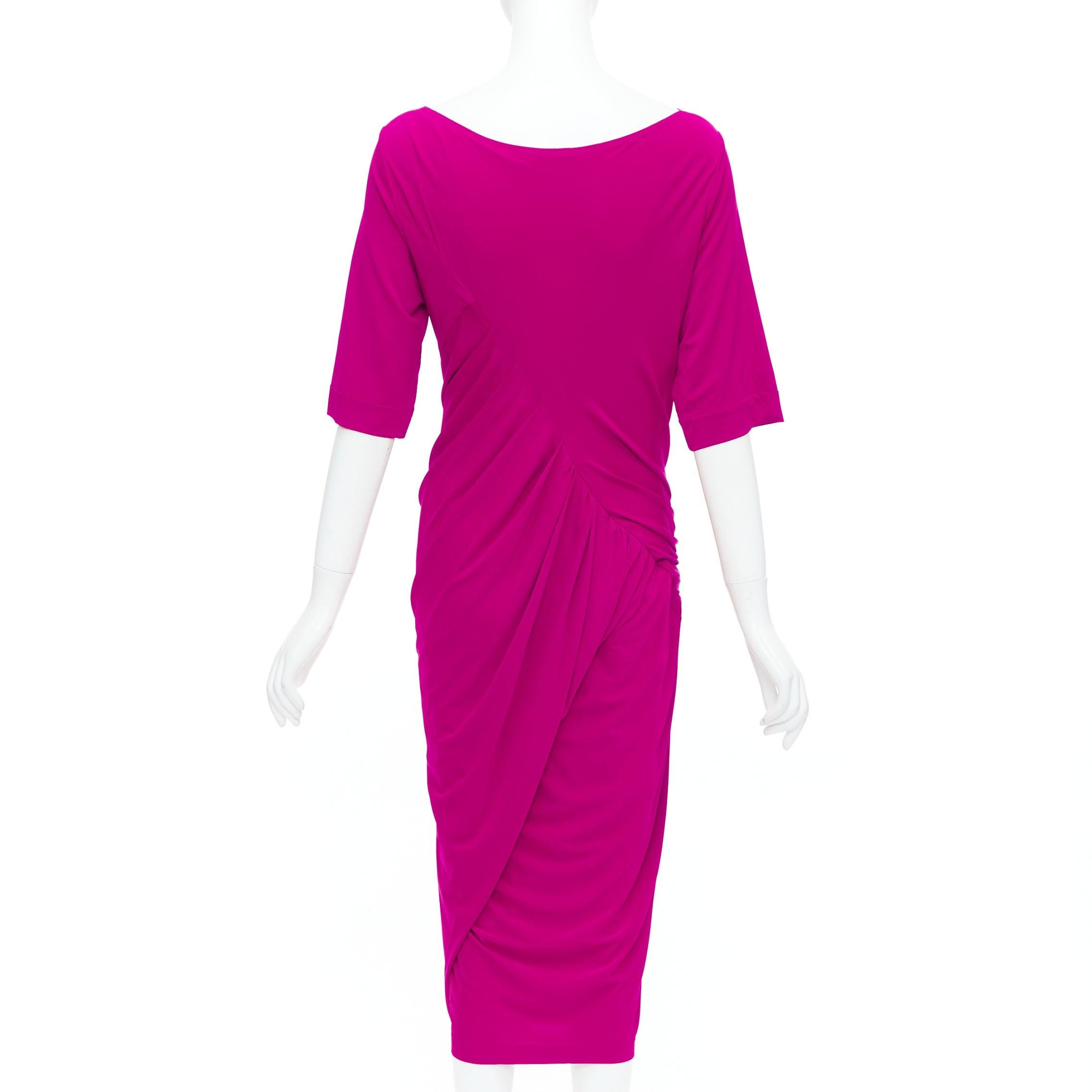 Women's DONNA KARAN berry pink asymmetric neck tuck draped midi dress L For Sale