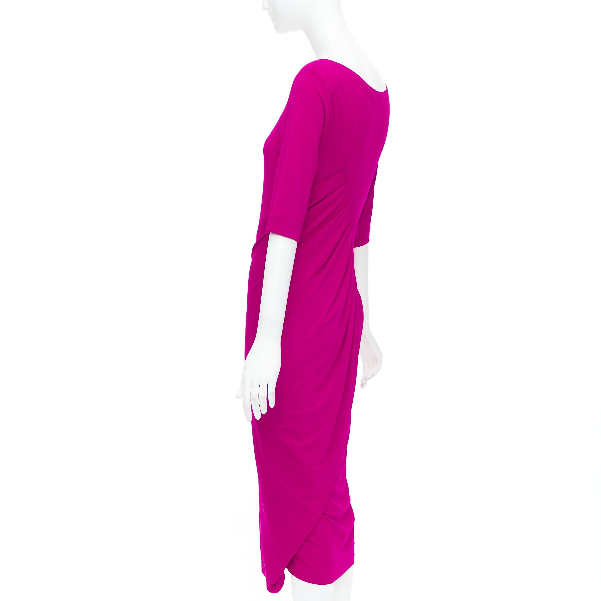 DONNA KARAN berry pink asymmetric neck tuck draped midi dress L For Sale 1