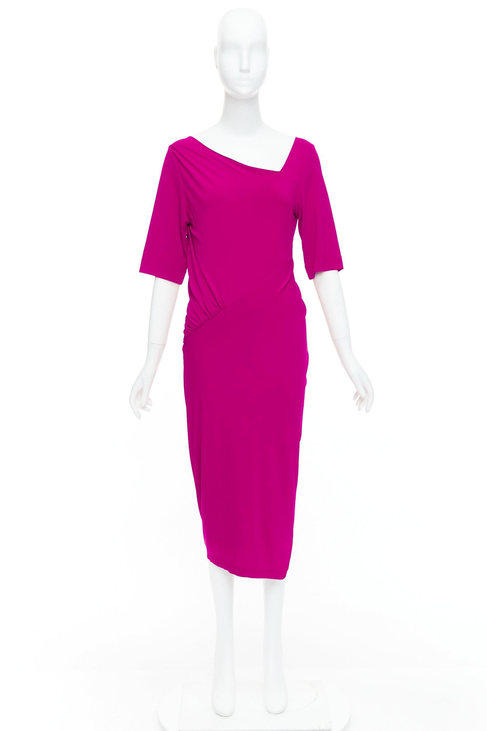 DONNA KARAN berry pink asymmetric neck tuck draped midi dress L For Sale 4