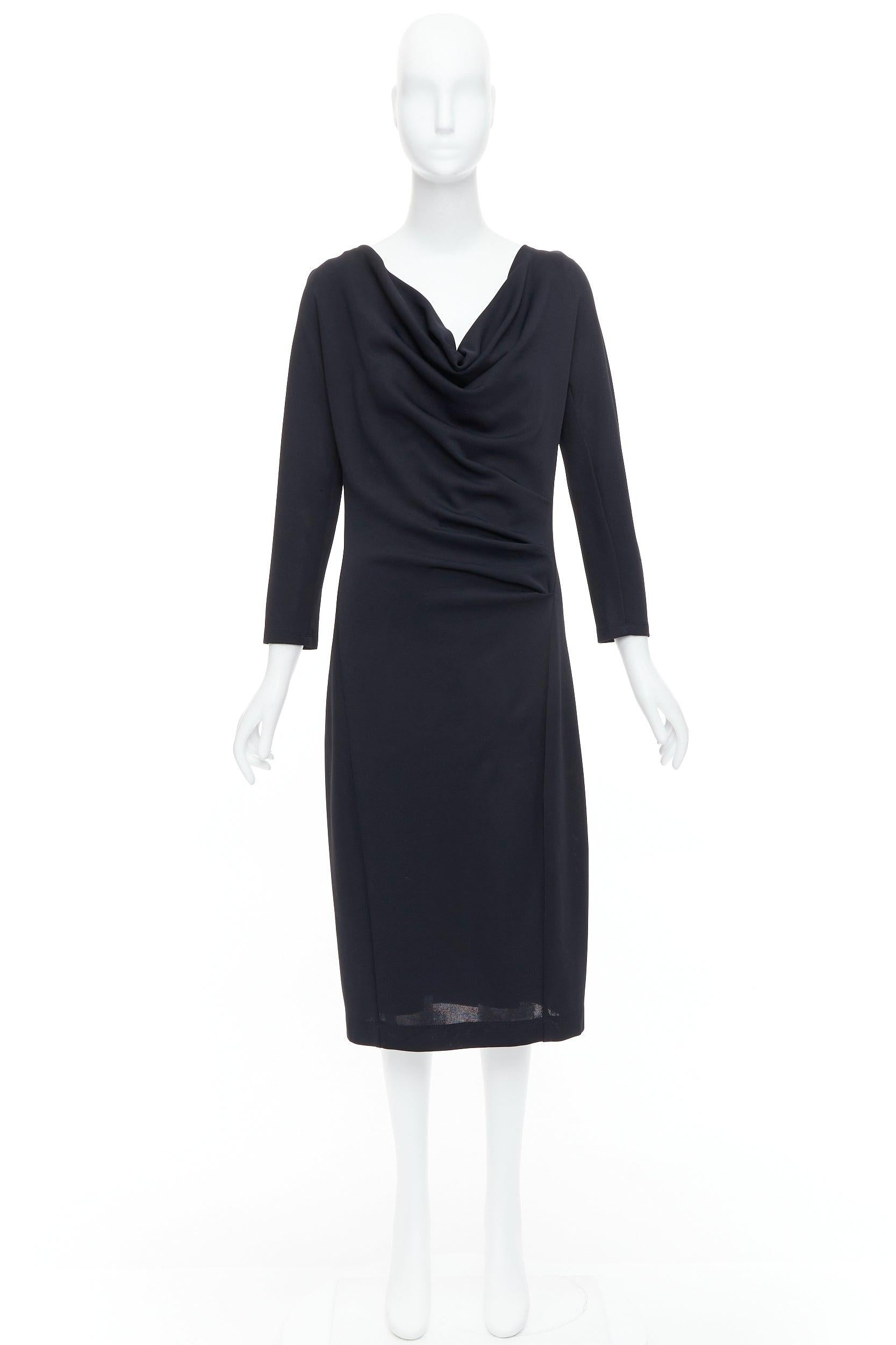 DONNA KARAN vestido midi negro drapeado de manga larga y cuello alto L en venta 4