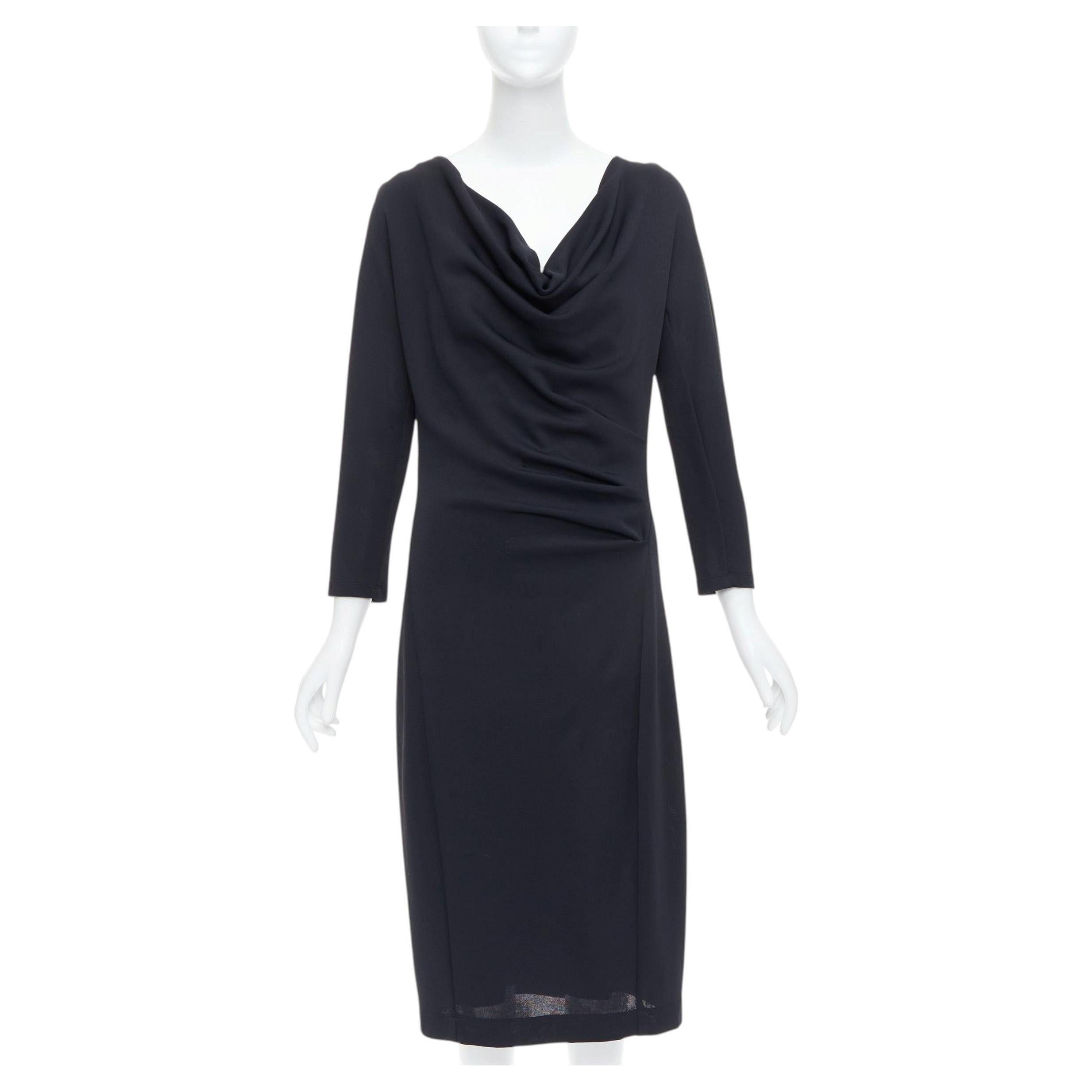DONNA KARAN - Robe midi noire drapée à col bénitier et manches longues L en vente