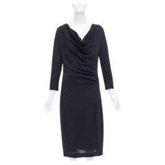 DONNA KARAN - Robe midi noire drapée à col bénitier et manches longues L