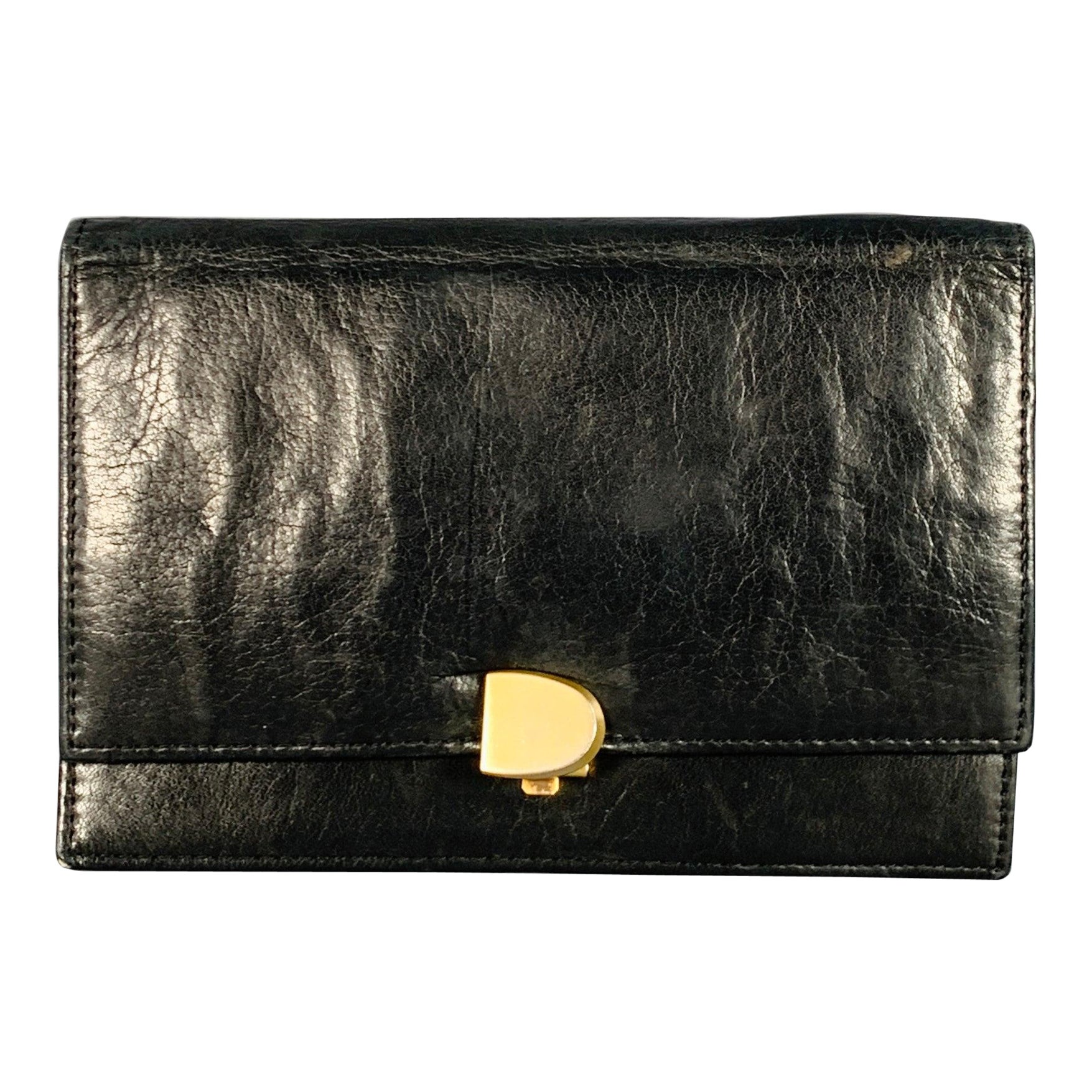 DONNA KARAN Portefeuille en cuir noir et or en vente