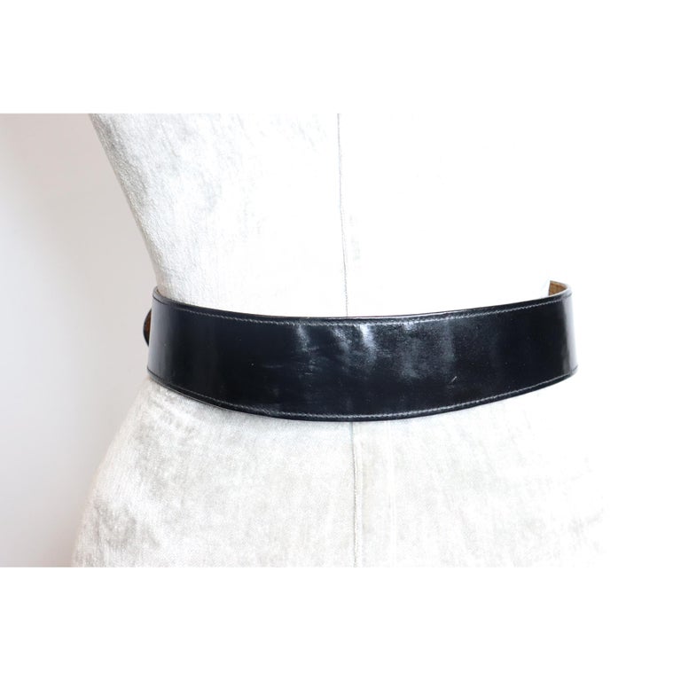 Donna Karan Black High Gloss Box Leather Belt w/ Oval Buckle Circa ...