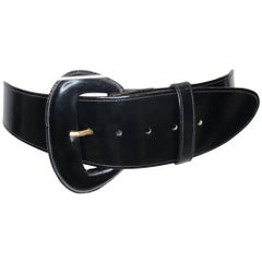 Vintage Donna Karan Black High Gloss Box Leather Belt w/ Oval Buckle Circa 1990s