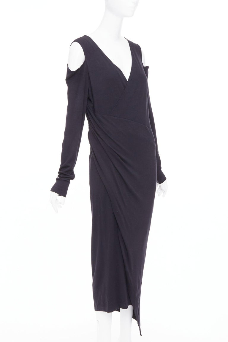 DONNA KARAN black jersey cold shoulder long sleeve side drape dress L For  Sale at 1stDibs